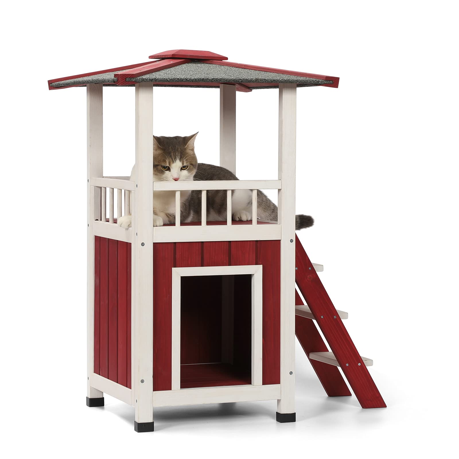 Petsfit Weatherproof Outdoor Cat House - 2-Story Wooden Feral Cat Shelter with Ladder, Waterproof Design for All Seasons | Perfect for Backyard, Garden & Patio Use