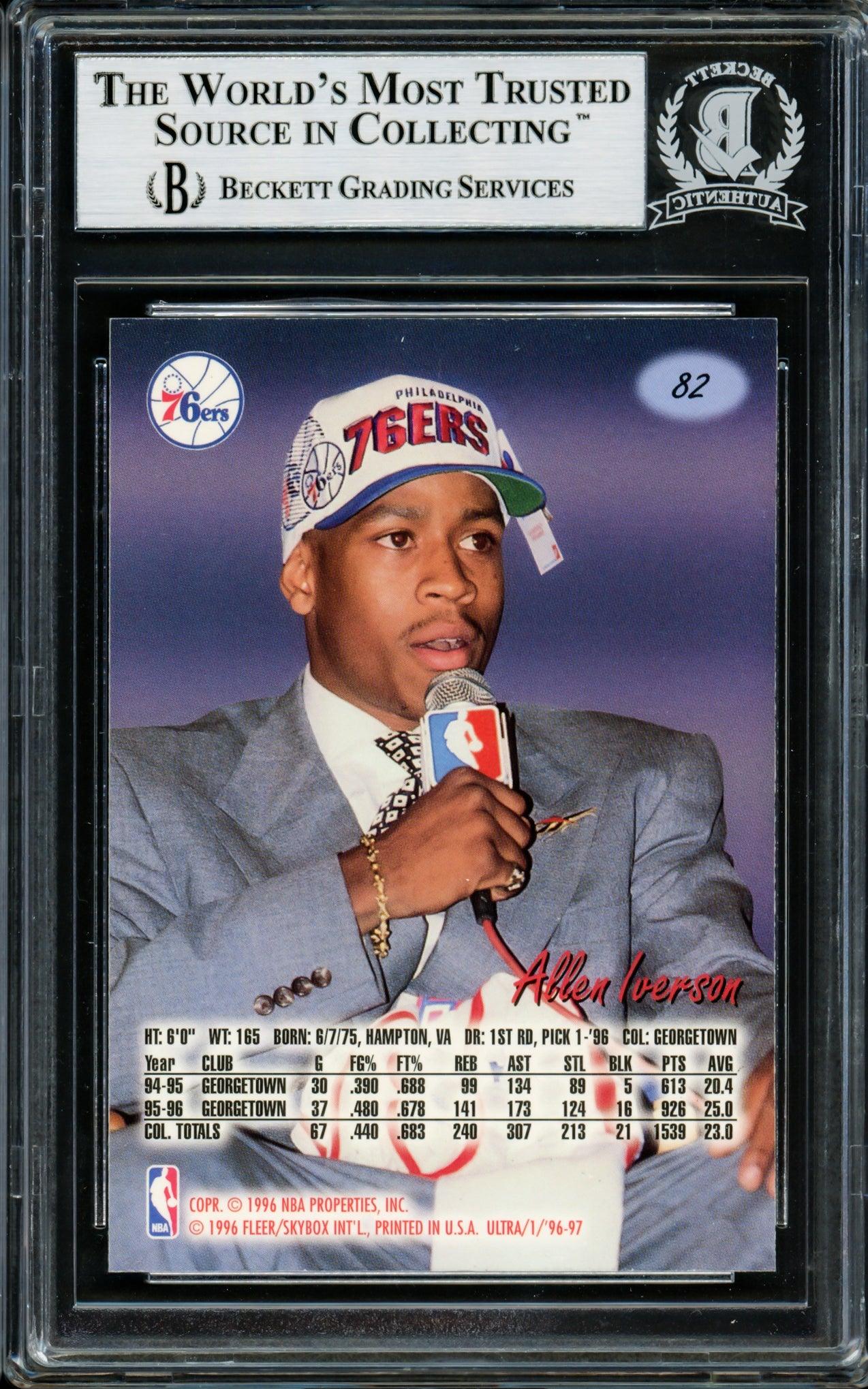Allen Iverson Autographed 1996-97 Fleer Ultra Rookie Card #82 Philadelphia 76ers - Beckett BAS Certified #203717 - Perfect for NBA Memorabilia Collectors and 76ers Fans
