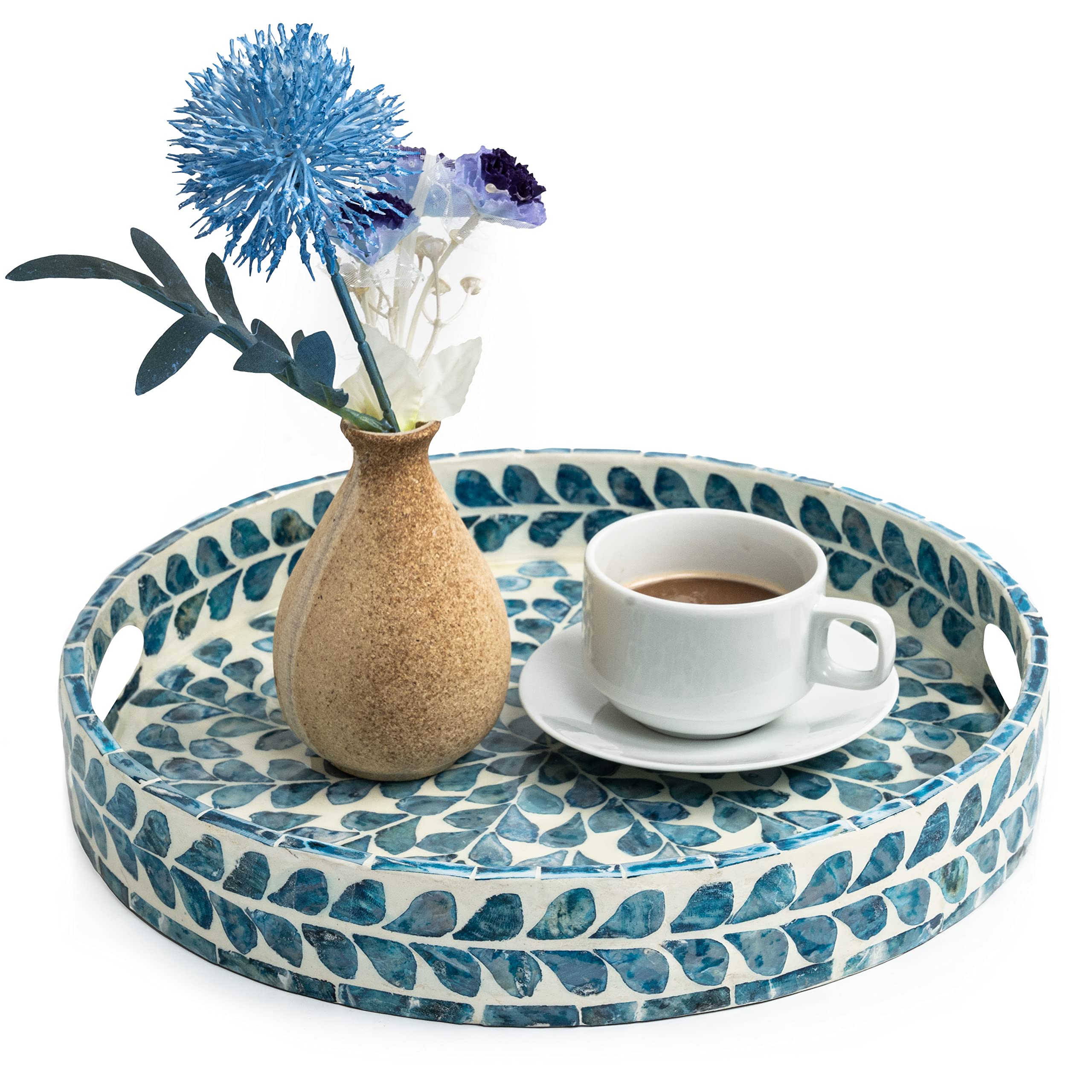 CLAYNIX 12.5 Inch Round Wooden Serving Tray with Mother of Pearl Inlay & Handles - Elegant Mosaic Lacquer Tray for Tea, Breakfast, or Home Decor (Leaf Design) - Perfect for Dining, Entertaining & Gift Giving