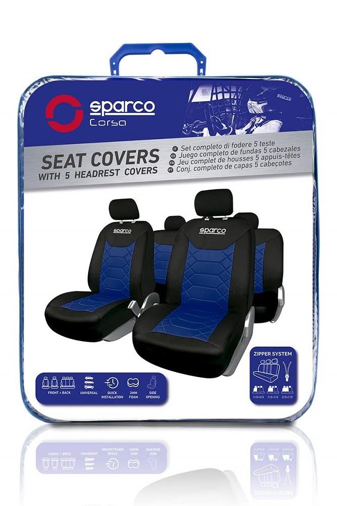 Sparco SPC1016AZ Car Seat Covers Set - Blue & Black - Universal Fit for Most Vehicles - Perfect for Protection & Style Upgrade