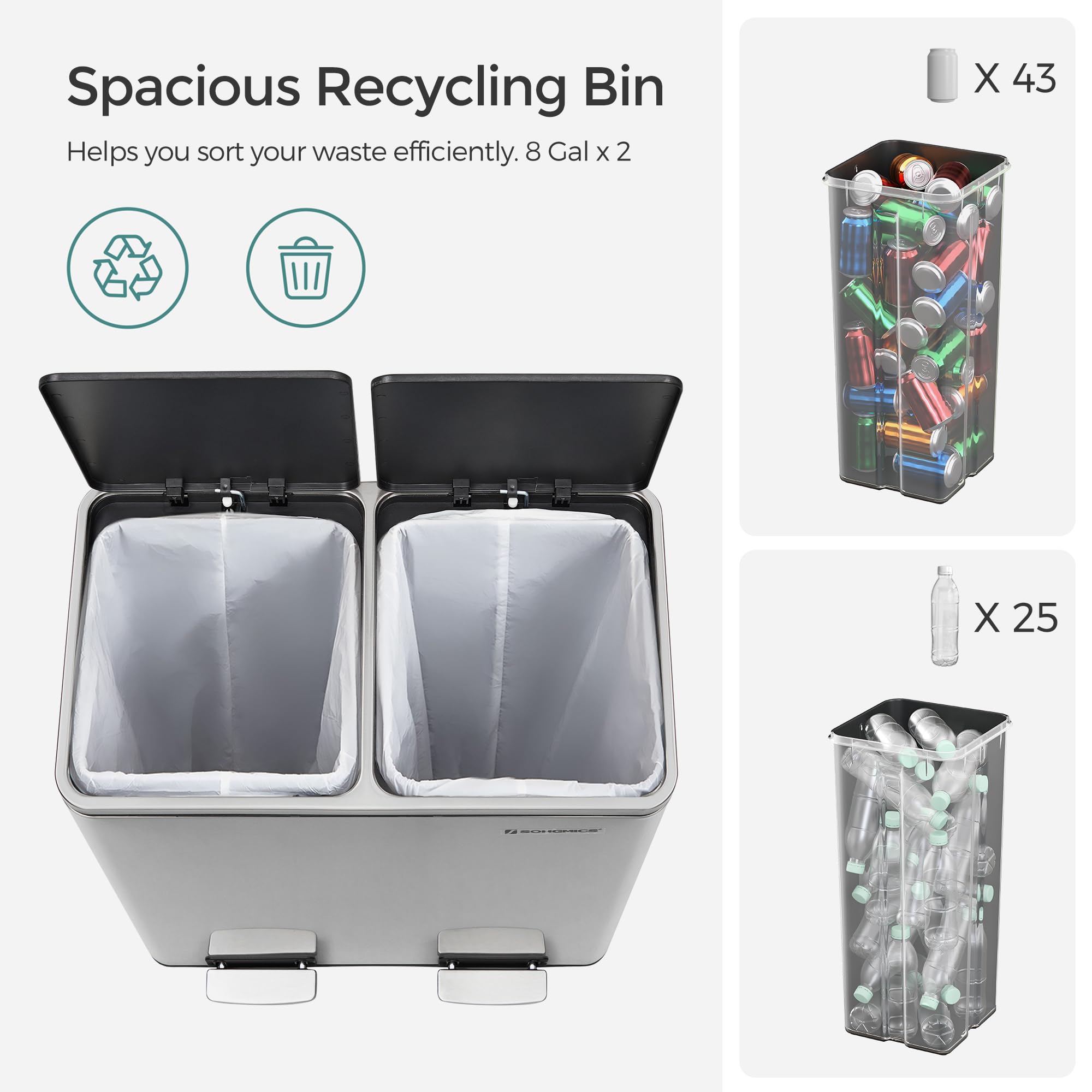 SONGMICS 8 Gallon (30L) Dual Compartment Trash Can with Hinged Lid - Airtight Kitchen Garbage Bin, Includes 15 Trash Bags & Plastic Inner Buckets, Silver & Black (ULTB60NL) - Perfect for Home, Office, and Restaurant Waste Disposal