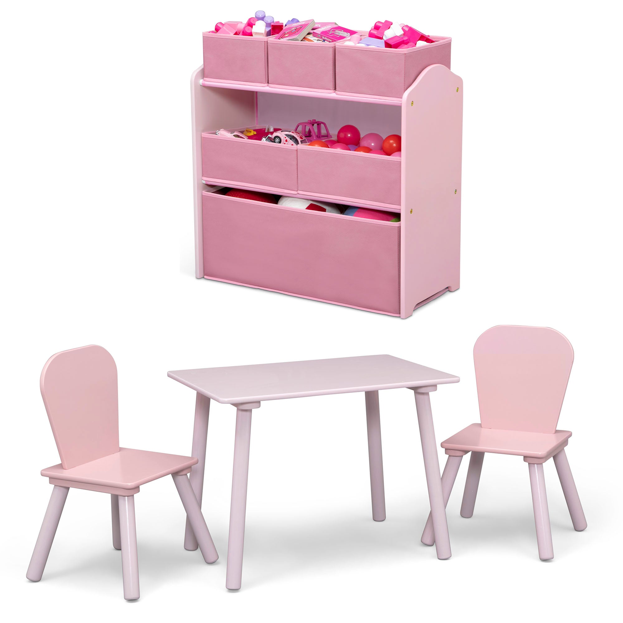 4 Piece Toddler Playroom Set - Kids Activity Table with Dry Erase Surface & 6-Bin Toy Storage Organizer with Reusable Vinyl Stickers - Perfect for Preschool Learning & Playroom Organization