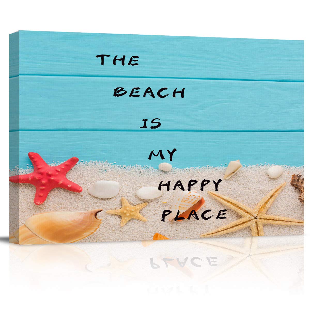 SUN-Shine Canvas Wall Art Oil Painting Prints - Stretched and Framed Beach Sand Starfish Seashell Wall Decor for Living Room, Kitchen, Bedroom - 24x32 Inch Rustic Blue Wood Frame - Perfect for Coastal, Farmhouse & Boho Home Decor