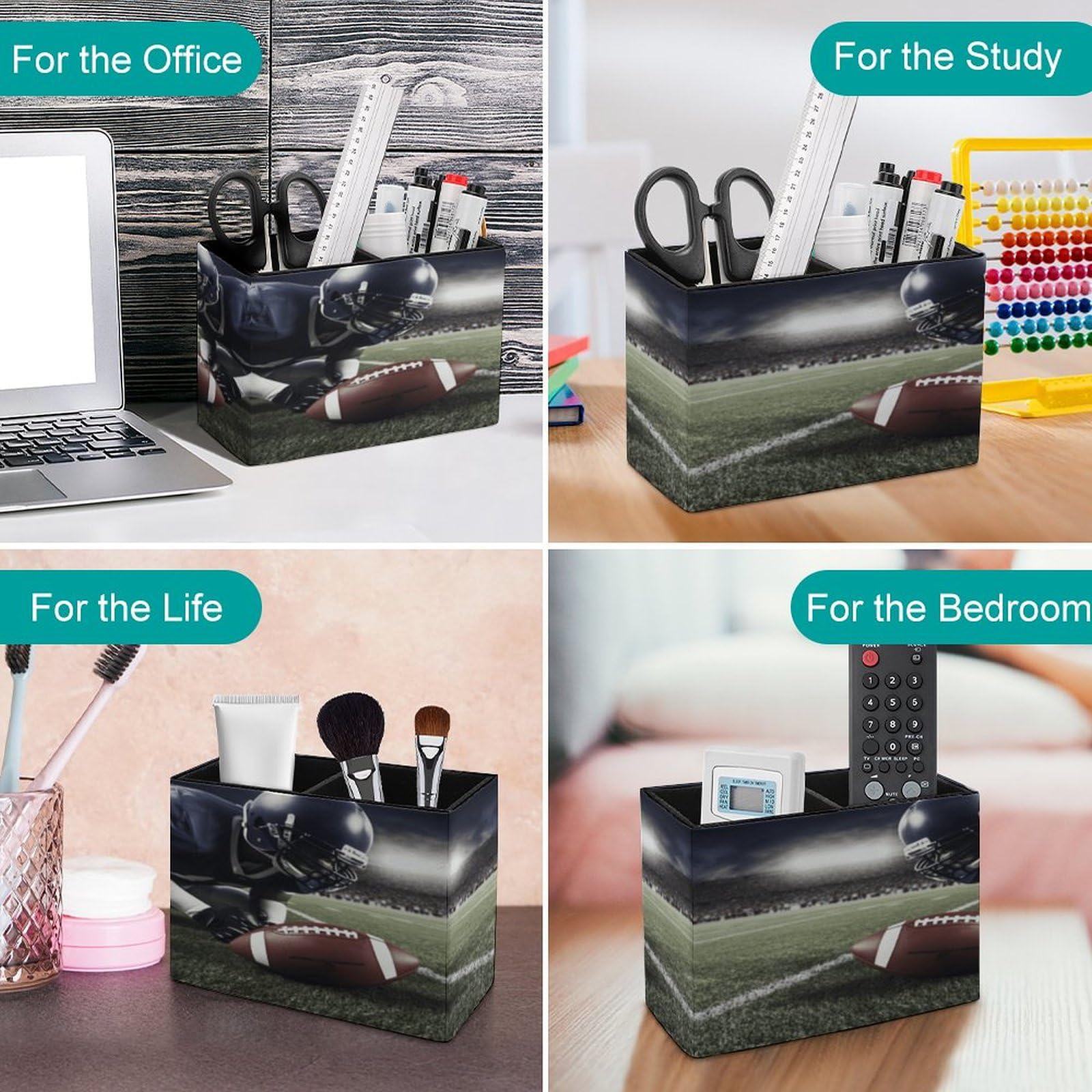 YJWANDO Leather Pen Holder - American Football Print Office Desk Organizer - Premium Leather Desk Accessory & Pen Cup for Home Office, School, or Gift (Brown)