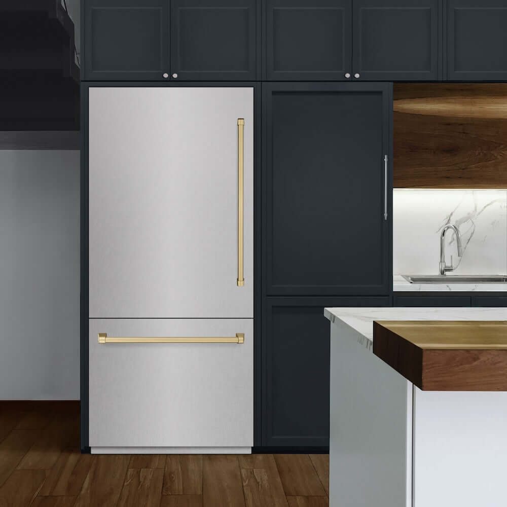 ZLINE Autograph Edition 36 Inch Built-In Bottom Freezer Refrigerator - 19.8 cu.ft Capacity, Water Dispenser & Ice Maker - Satin Stainless Steel Exterior with Graphite Gray Interior & Champagne Bronze Accents (GRBITZ SN 36 CB) - Perfect for Modern Kitchens, Open Concept Homes & Luxury Appliances Collection