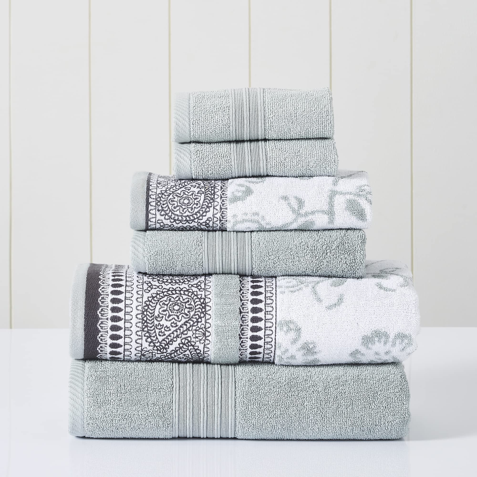 Premium 6-Piece Bath Towel Set - 2 Bath Towels, 2 Hand Towels & 2 Washcloths | Yarn-Dyed Jacquard & Solid Design in Ophelia Dark Sage | Soft & Absorbent for Spa, Bathroom & Guest Use