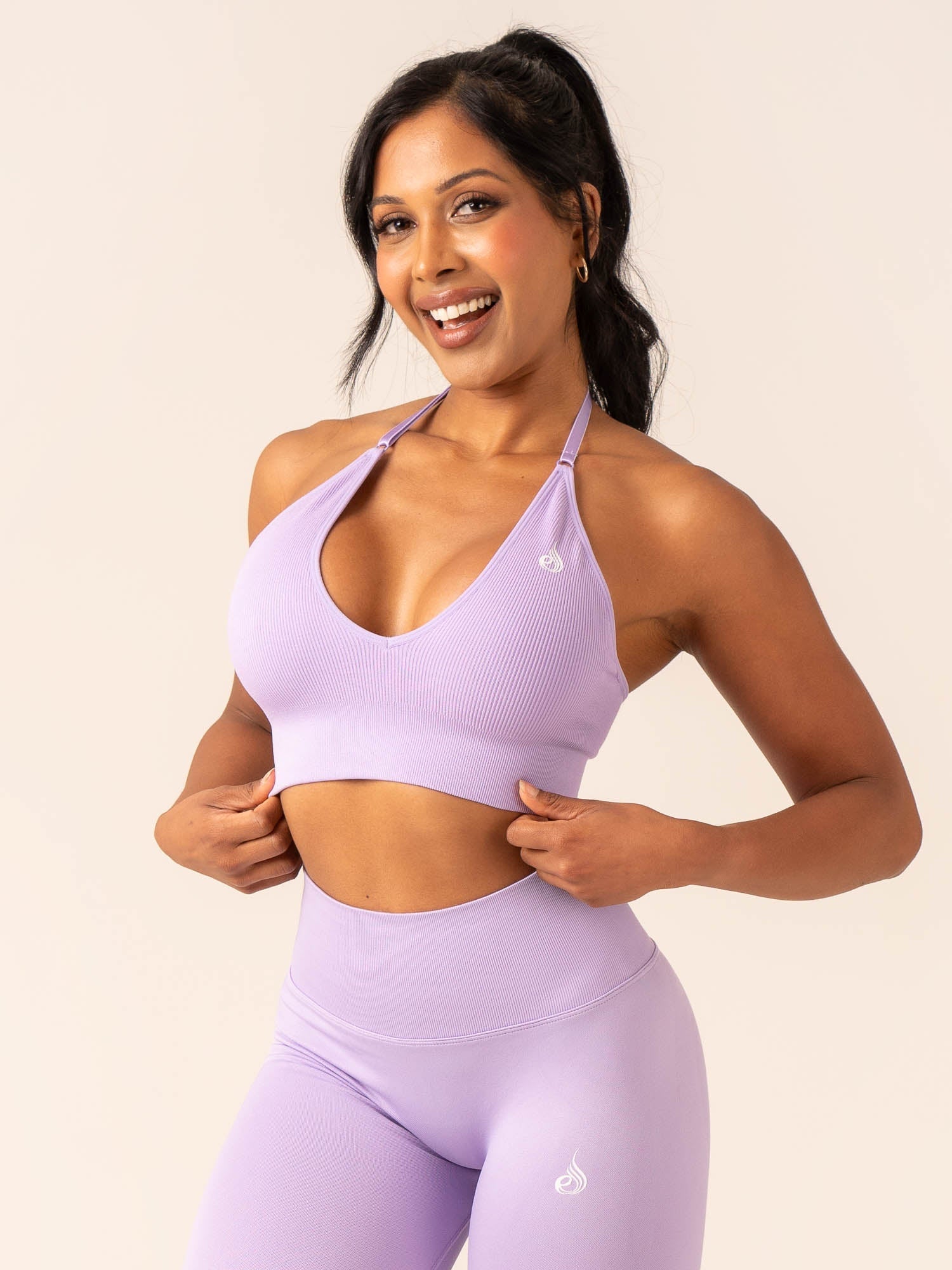 Lift Rib Seamless Halter Sports Bra for Women - Comfortable Workout Top in Lavender - Perfect for Yoga, Running & Gym