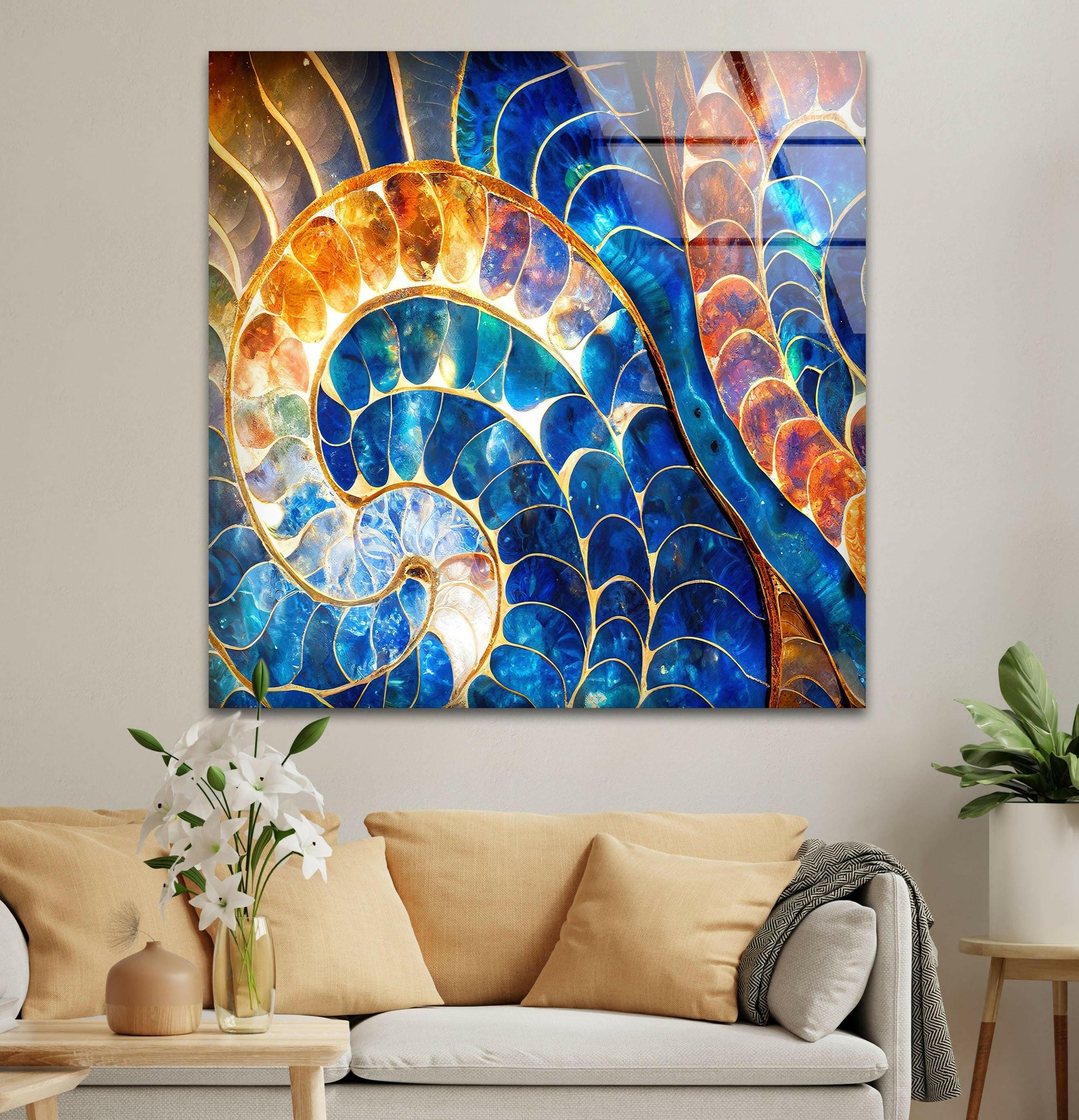 Blue & Orange Shell Glass Wall Art - Handmade Coastal Decor for Living Room, Bedroom, or Beach House - Perfect for Boho, Nautical & Seaside Home Decor