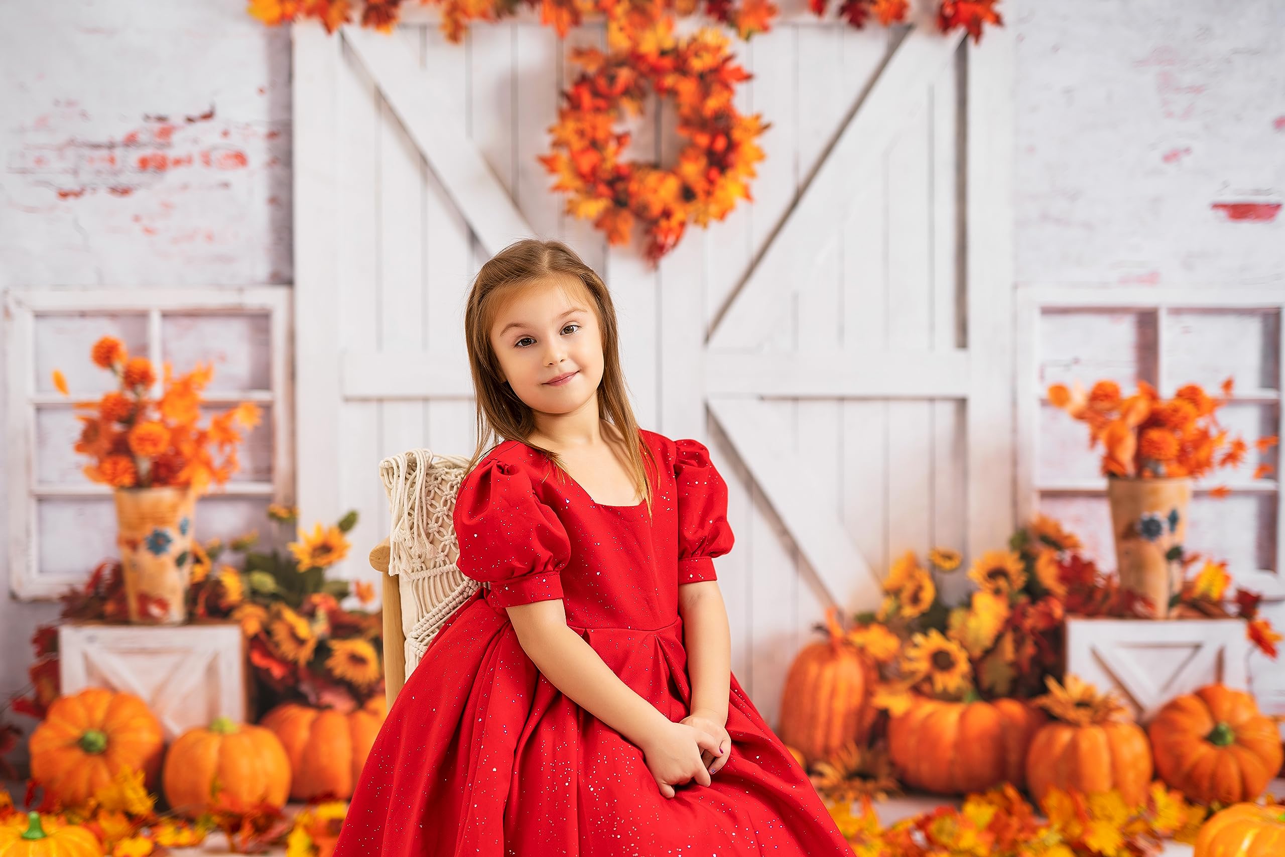 Kate Fall Photography Backdrop - Thanksgiving & Autumn Pumpkin Barn Door Scene - 10x6.5ft Microfiber Photo Background for Holiday Portraits, Family Photos, and Seasonal Decor