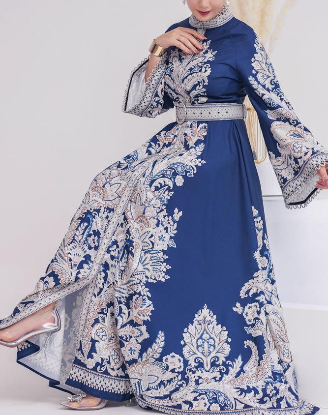 Blue Garden Women's Casual Spring Summer Boho Floral Print Dress - High Neck Long Sleeve High Waist Belt Long Maxi Dress for Beach, Vacation & Outdoor Parties