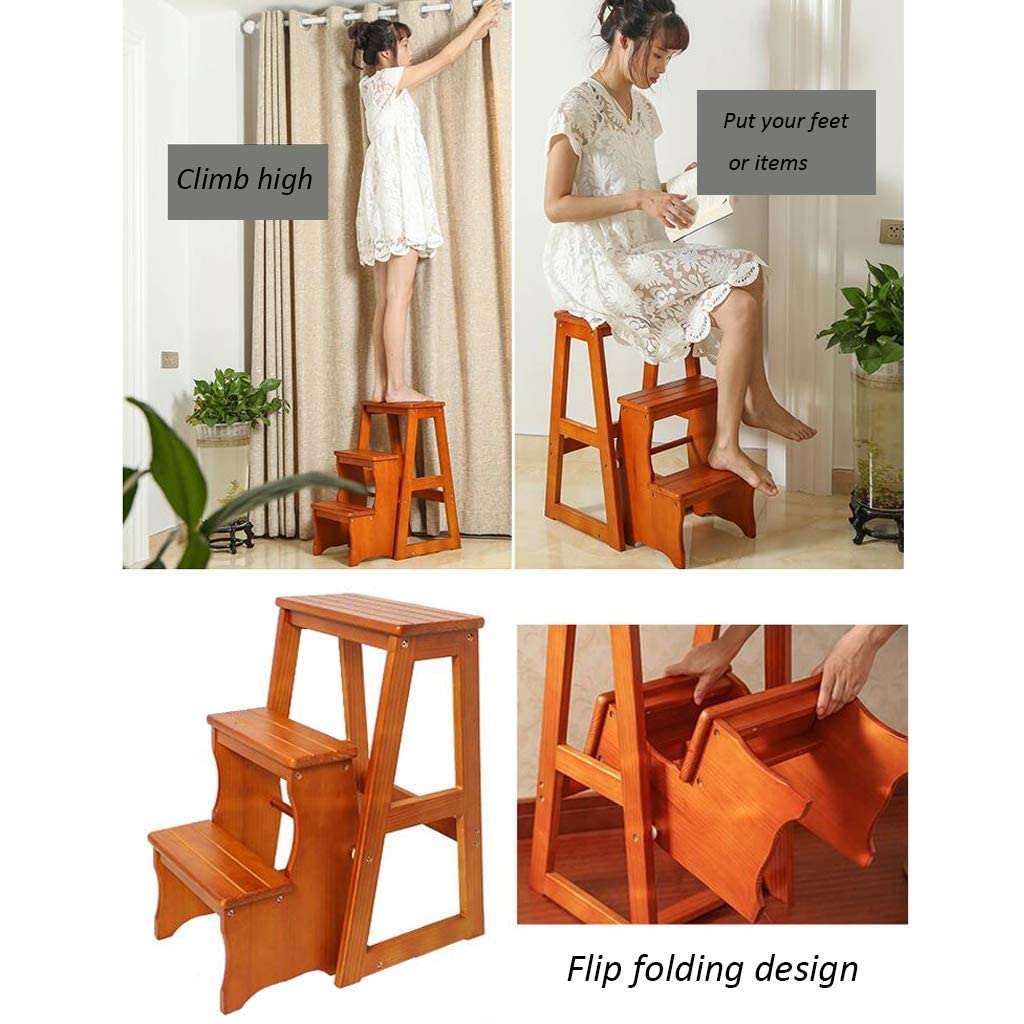 Wooden Folding Step Stool for Kitchen, Adults - Adjustable Ladder Stool with Non-Slip Feet | Multi-Functional Step Chair for Home, Office, Bathroom & Display Shelving | Perfect for Reaching High Cabinets, Organizing & Decorating