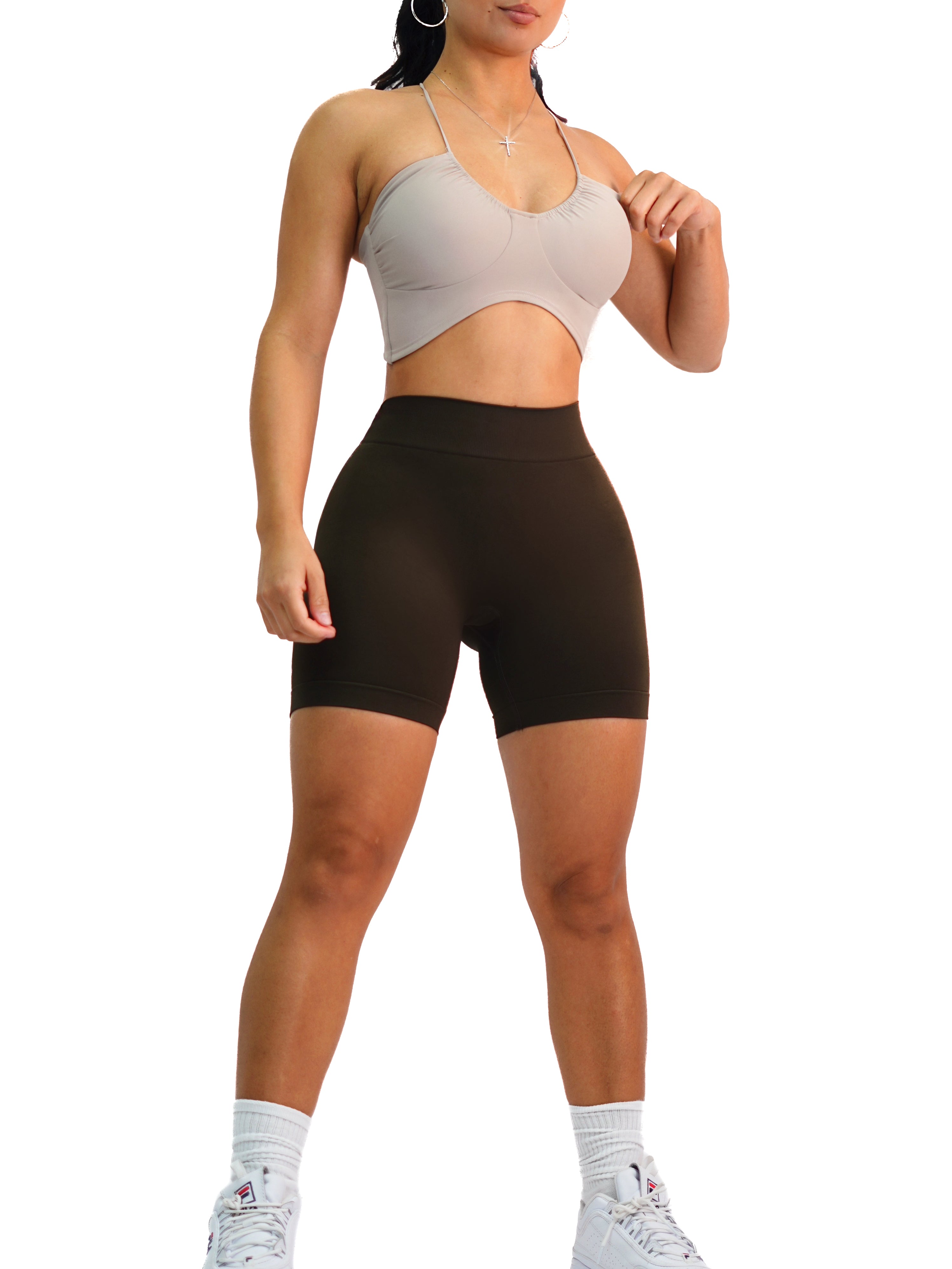 Seamless Low Back Yoga Shorts for Women - High Waist Workout Running Shorts (Dark Chocolate) - Perfect for Yoga, Gym, Running & Lounge Wear