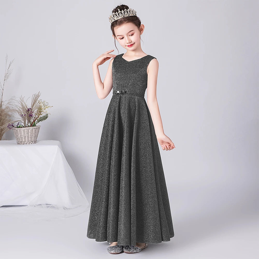 Elegant O-Neck Bow Floor-Length Princess Dress for Girls - Perfect for Birthday Parties, Pageants & Special Occasions | Formal Gown for Kids' Celebrations & Photo Shoots