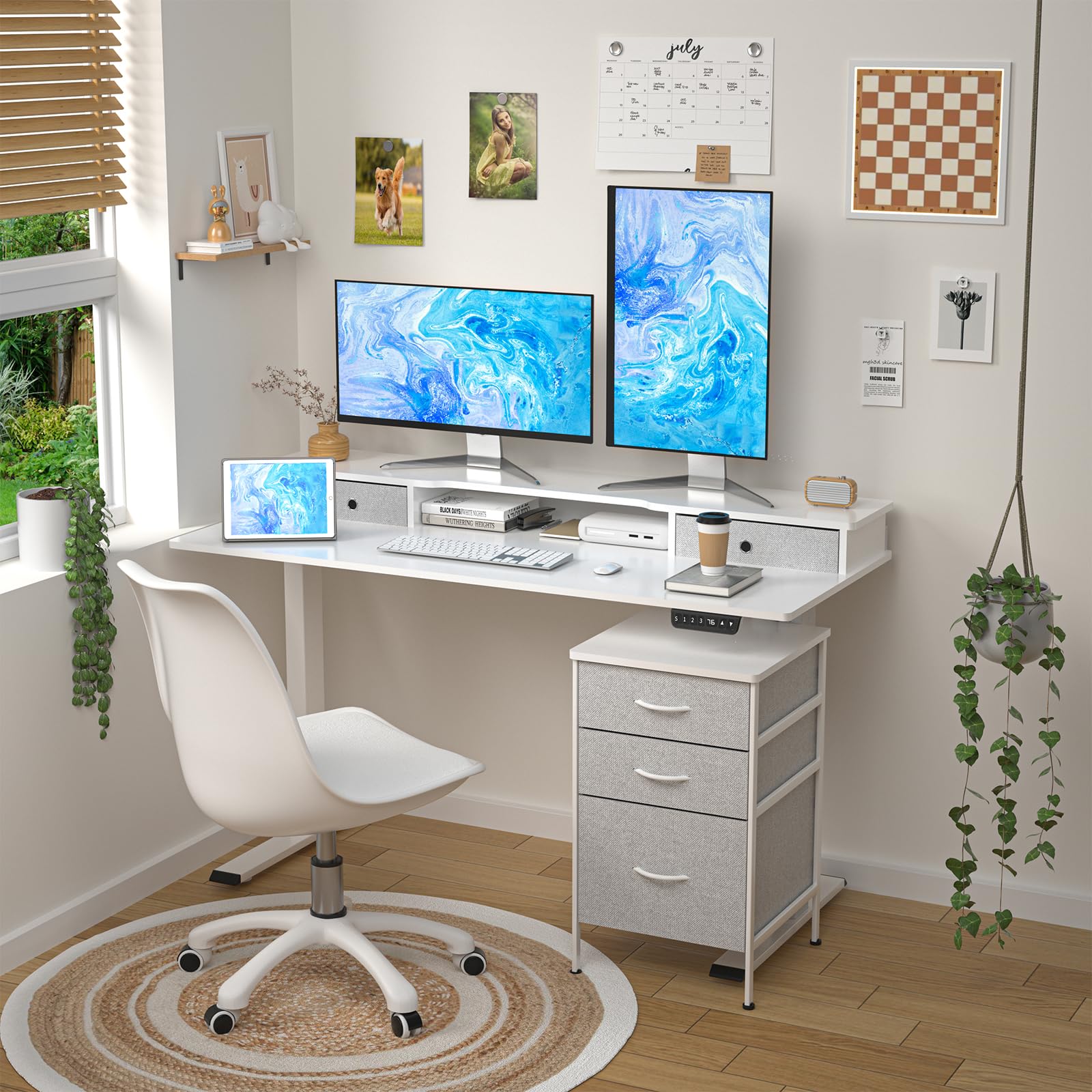 55 Inch Electric Height Adjustable Standing Desk with Cabinet & Drawers - Smart Home Office Computer Desk with Monitor Shelf, White - Perfect for Remote Work, Gaming & Ergonomic Workspace Setup