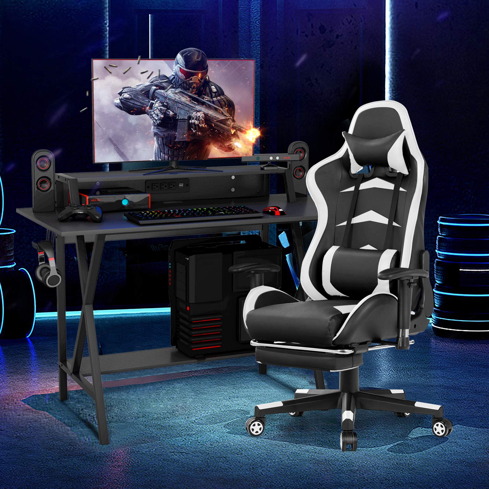 Tangkula Gaming Desk and Chair Set - Ergonomic E-Sport Gamer Desk with Monitor Stand & Racing Style Chair with Adjustable Height, Reclining Backrest, Footrest, Cup Holder & Headphone Hook - Perfect for PC Gaming, Streaming & Home Office Setup