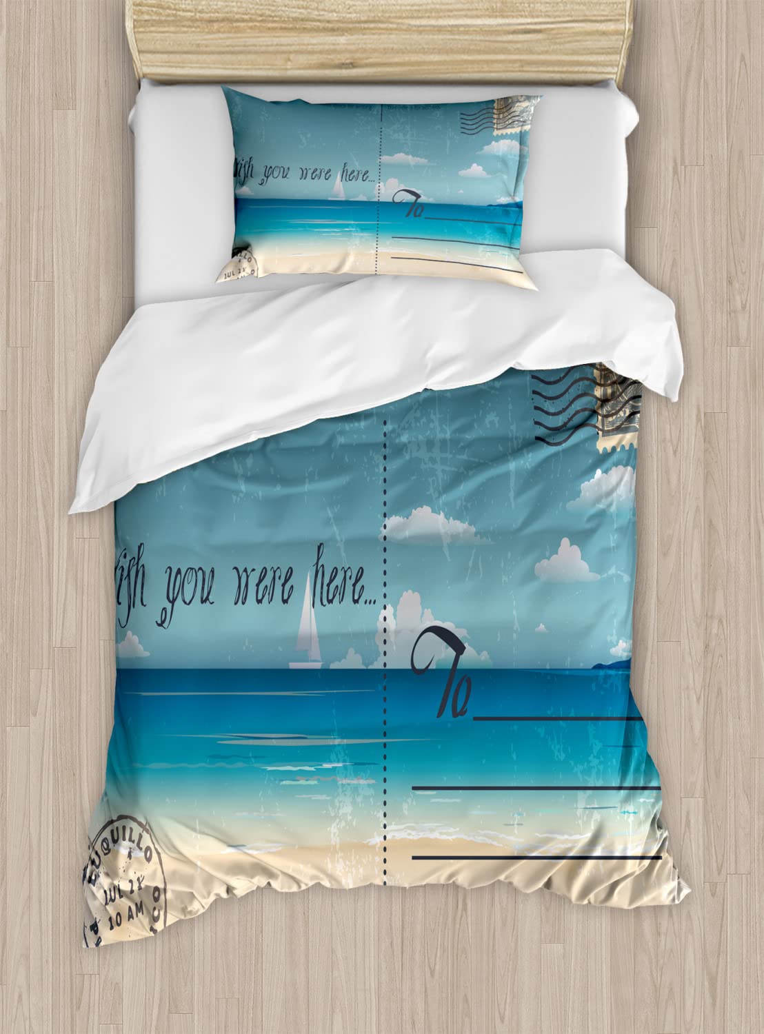 Ambesonne 2-Pack Twin Size Duvet Cover Set - Vintage Travel Print with Tropical Summer Backdrop, Sand Brown & Teal | Includes 2 Duvet Covers & 2 Pillowcases | Perfect for Guest Rooms, Vacation Homes & Travel-Themed Bedrooms
