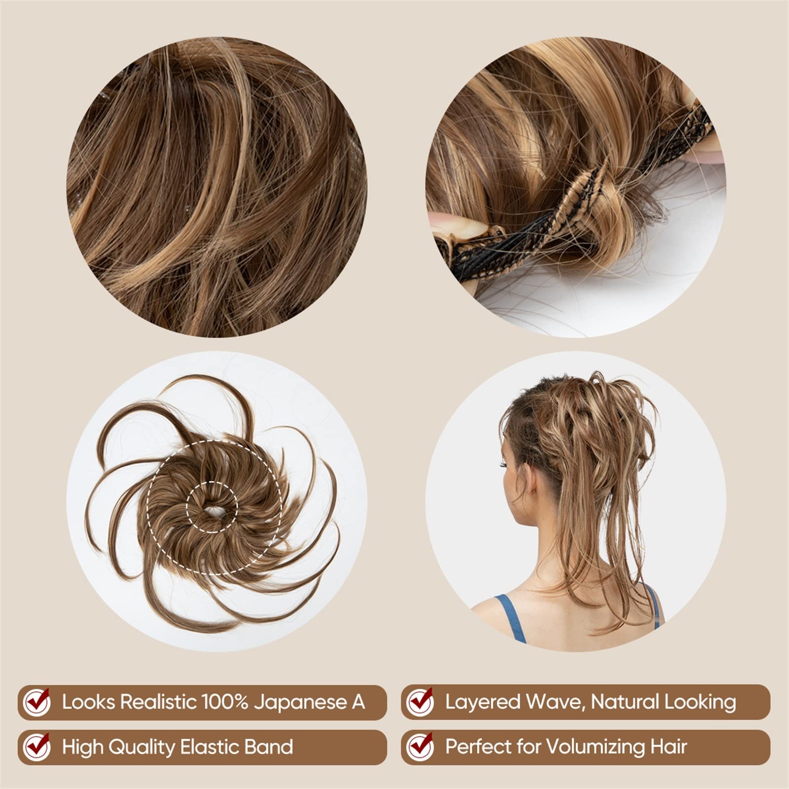 Women's Hair Chignon Donut Bun & Messy Bun Ponytail Extensions with Elastic Bungee - Curly Hair Bands & Ponytail Wigs for Women (Color: 10H86) - Perfect for Parties, Weddings & Everyday Styling