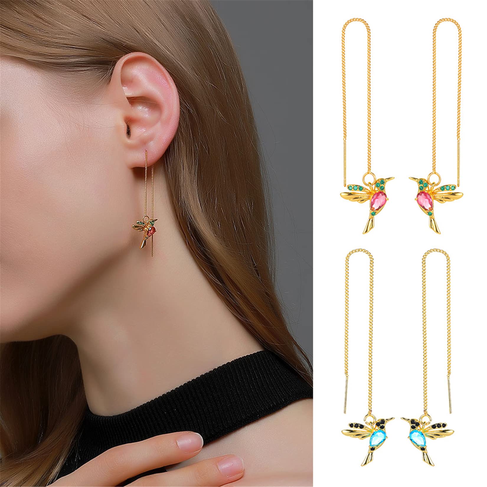 Gold Hummingbird Threader Earrings with Long Chain Tassel - Elegant Dangle Drop Jewelry for Women | Perfect Gift for Birthday, Anniversary & Special Occasions