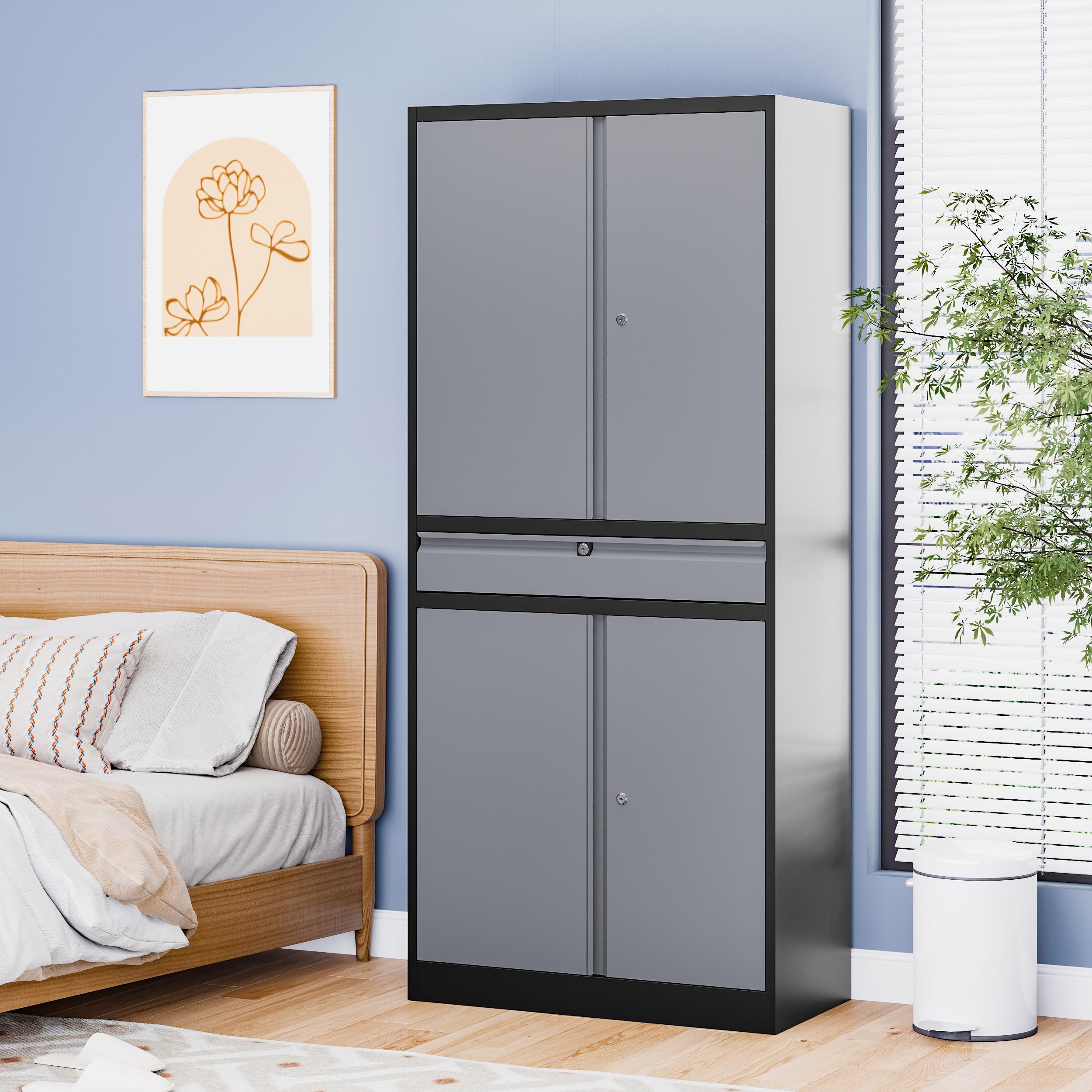 Heavy Duty Metal Storage Cabinet with Drawer - Locking Garage Cabinet with Adjustable Shelves for Home, Office & Warehouse Organization - Perfect for Tools, Supplies & Equipment Storage