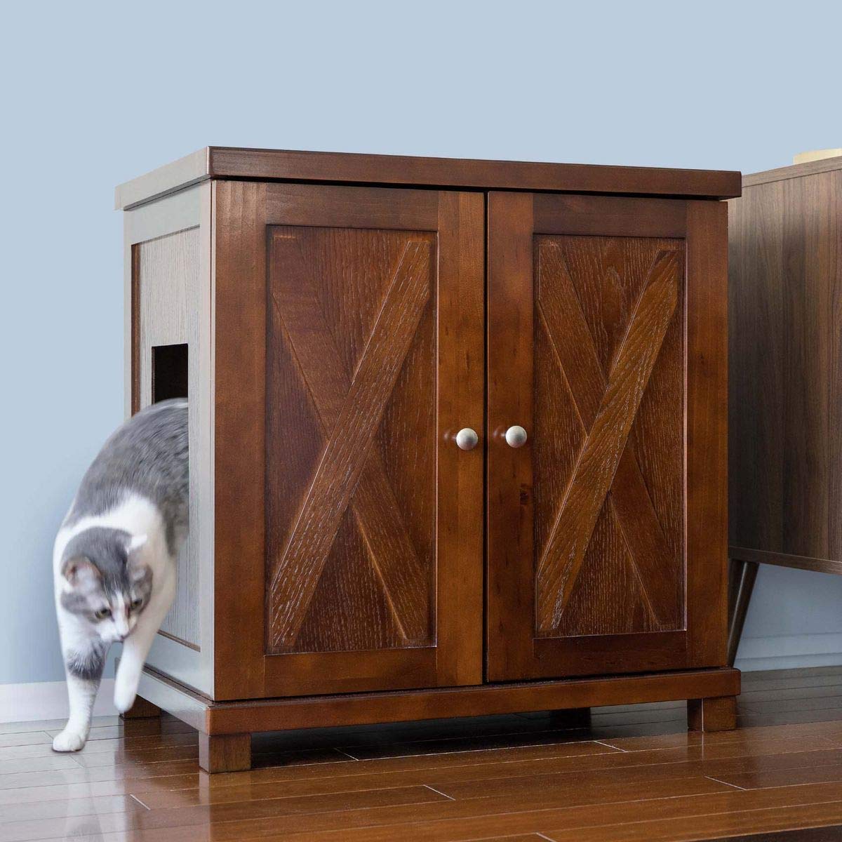 Premium Farmhouse Cat Litter Box Enclosure Cabinet - Large Mahogany Brown Hidden Litter Box Furniture with Storage Drawer | Stylish Pet Solution for Living Rooms, Bedrooms & Home Decor