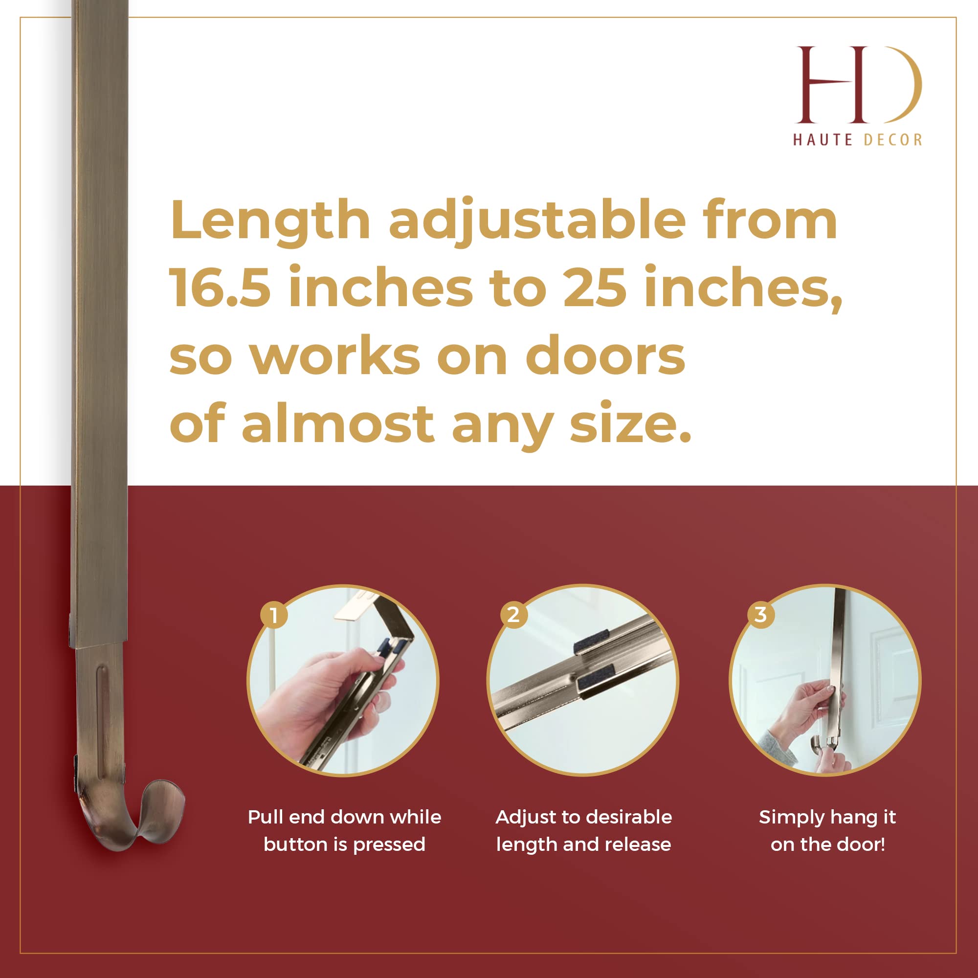 Adjustable Wreath Hanger 2-Pack - Antique Brass for Door Decor