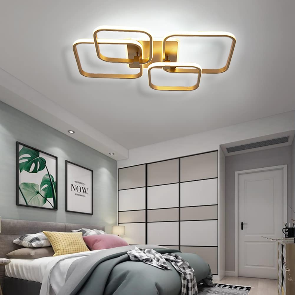 Becailyer 60W Dimmable LED Ceiling Light - Modern Gold Square Chandelier with Remote Control, Acrylic Shade for Living Room Bedroom Dining Room - Perfect for Home Decor & Ambient Lighting