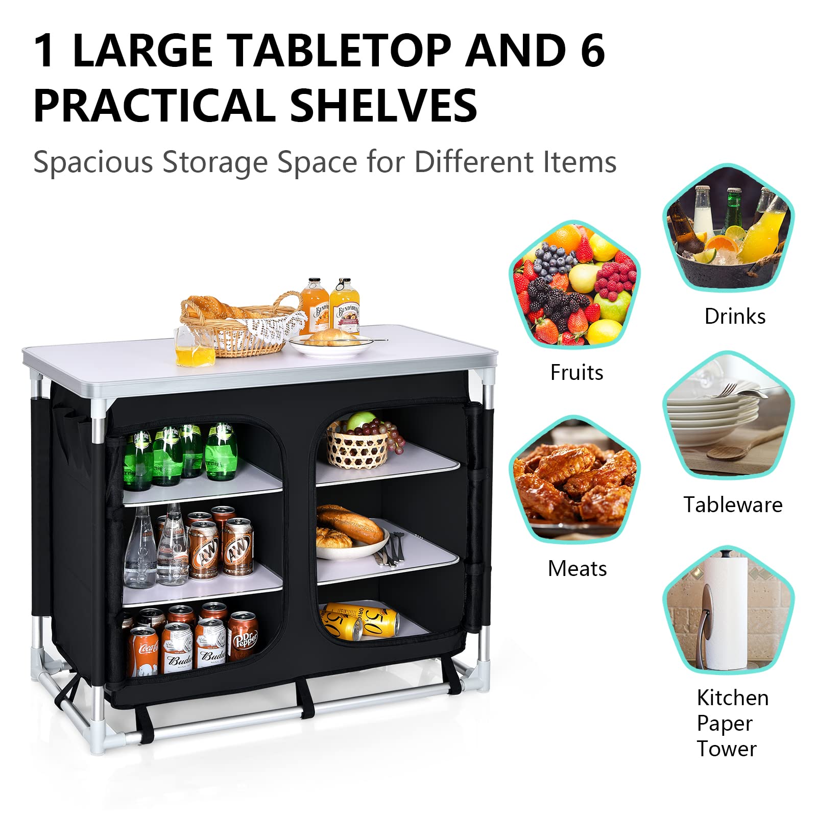 GYMAX Portable Aluminum Camping Table with 6 Zipper Storage Organizers & Carry Bag - Foldable Outdoor Kitchen Station for Camping, BBQ, Picnic, Backyard Grilling (Black) | Perfect for Outdoor Cooking, Tailgating & RV Adventures