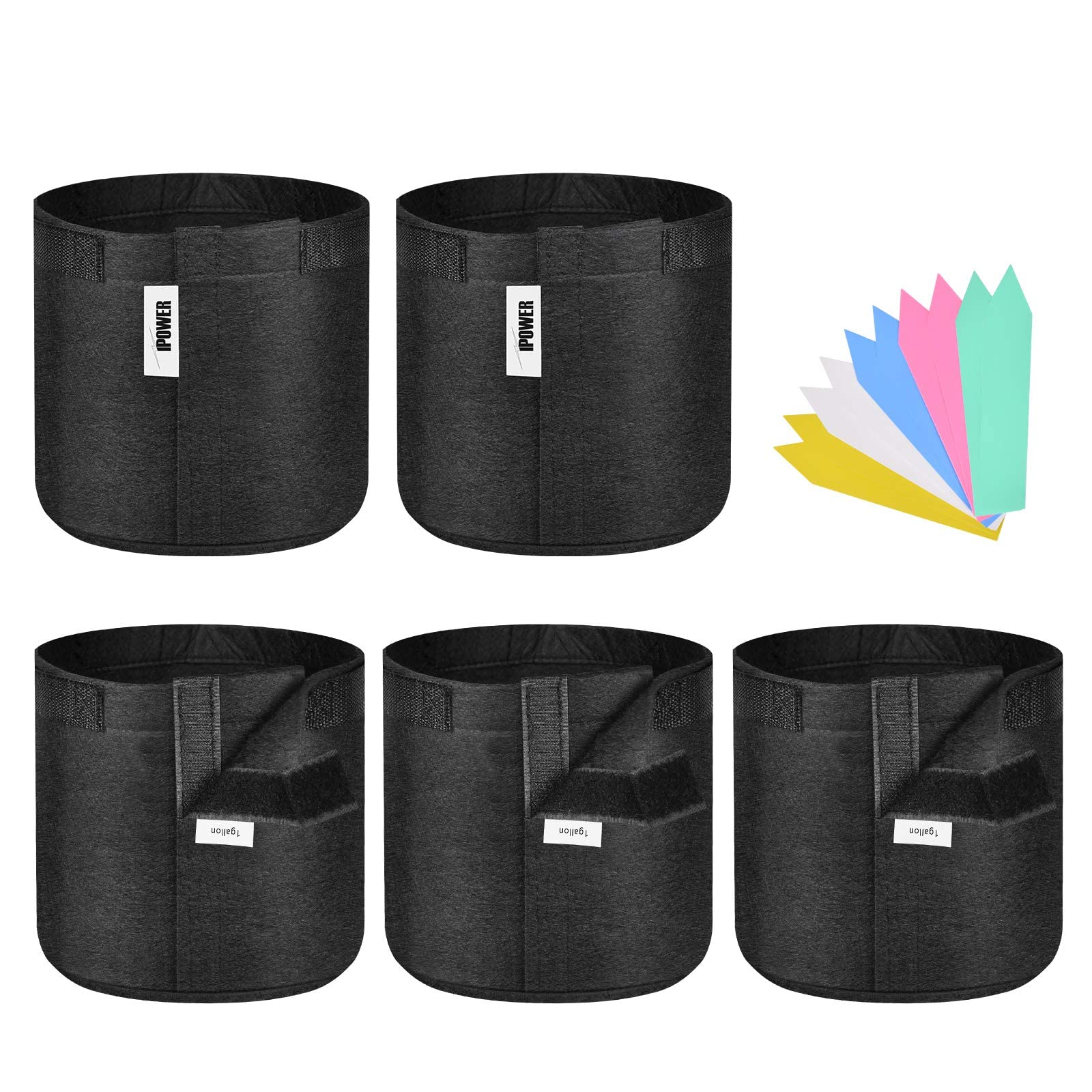 iPower 5-Pack 1 Gallon Fabric Grow Bags - Breathable Nonwoven Plant Pots with Self-Adhesive Sides for Easy Transplanting - Ideal for Vegetables, Flowers, Herbs & Indoor/Outdoor Gardening