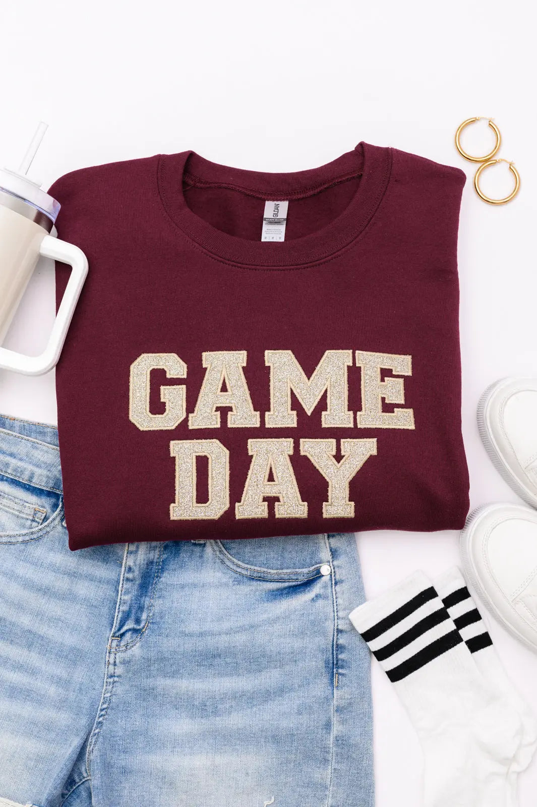 PREORDER: Embroidered Glitter Game Day Sweatshirt - Garnet & Champagne Gold | College Football Fan Gear, Tailgate Party Outfit, Sports Celebration Apparel