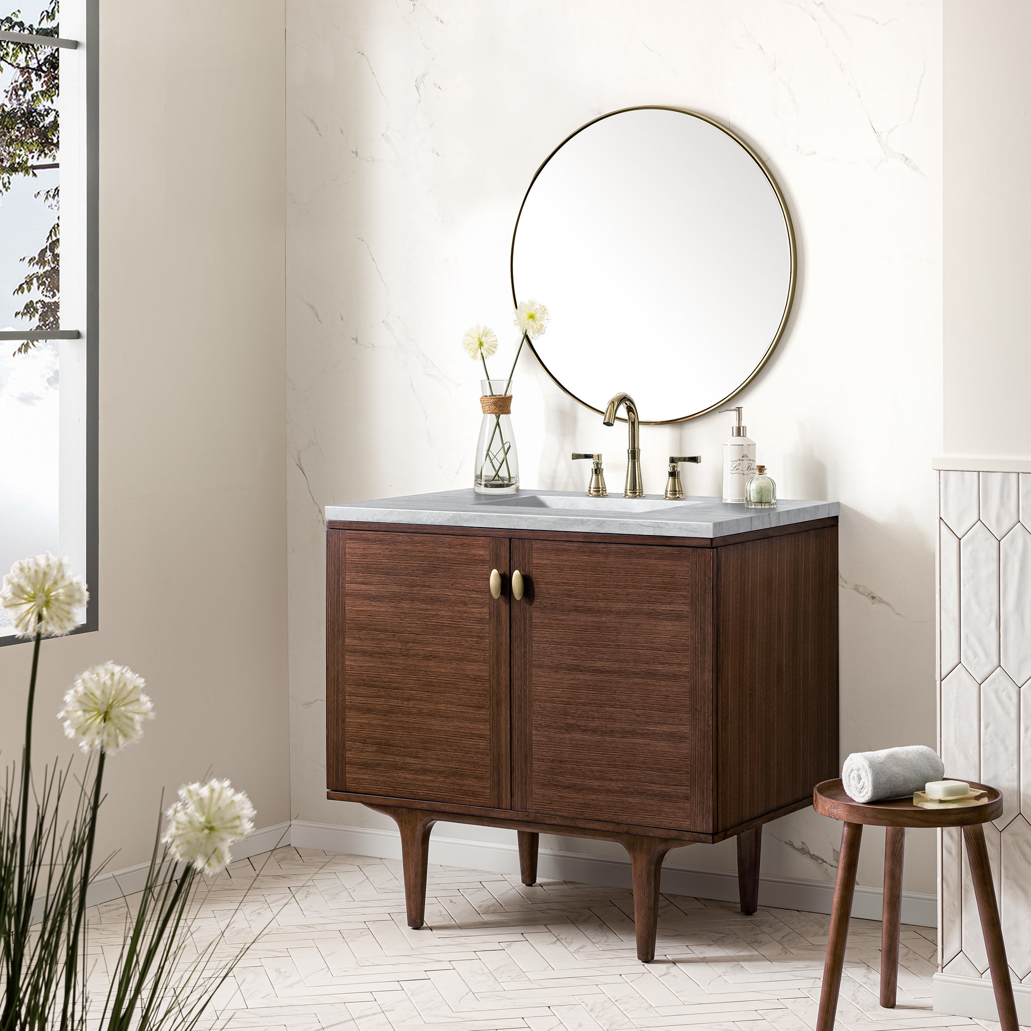 Amberly 36 Inch Single Bathroom Vanity with 3CM Arctic Fall Top - Mid Century Modern Walnut Design for Small Space Bathroom Remodeling & Home Decor