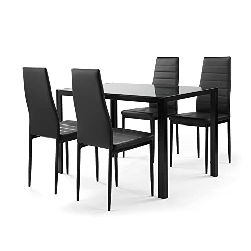 5-Piece Kitchen Dining Table Set with Tempered Glass Top & 4 Faux Leather Chairs - Black Modern Dining Room Furniture for Small Spaces, Apartments, and Breakfast Nooks