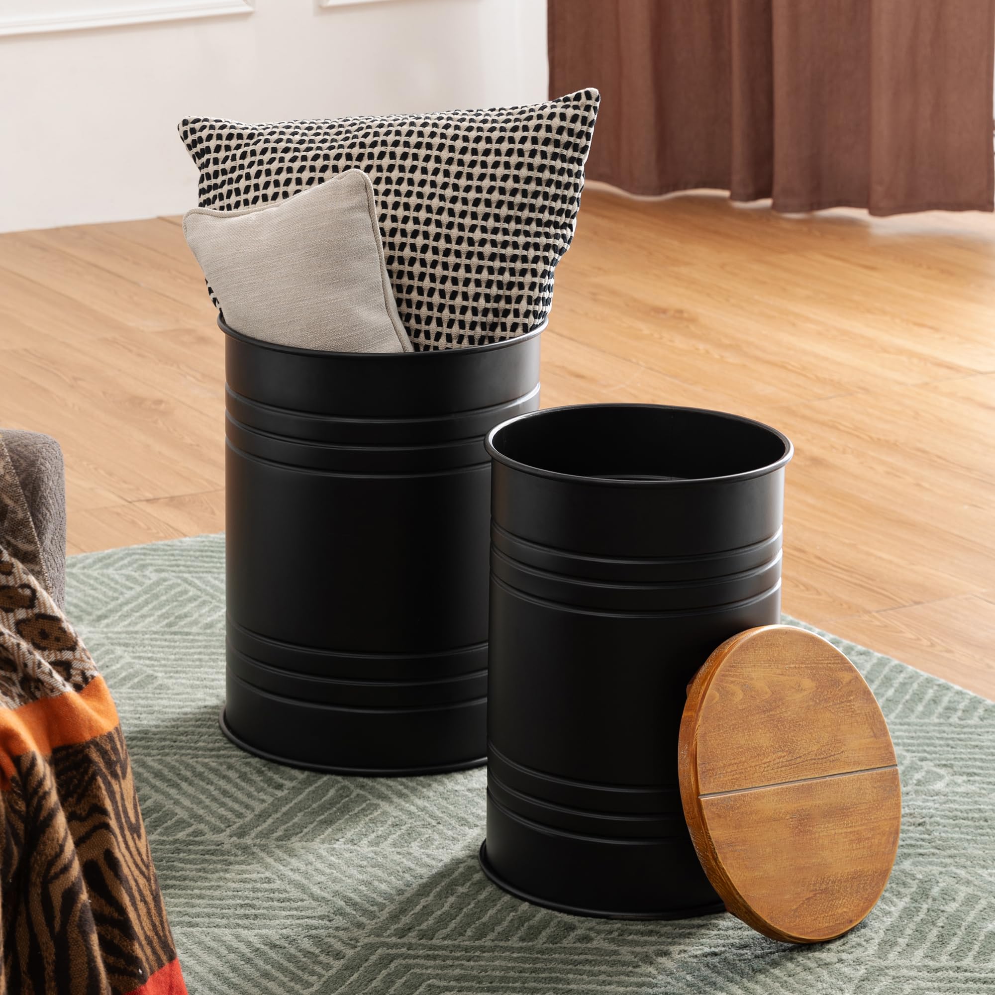 Glitzhome 2-Piece Farmhouse Nesting Tables with Storage Lids - Rustic Metal Barrel Side Tables for Living Room, Bedroom, Office - Black | Perfect for Small Spaces & Home Decor Accents