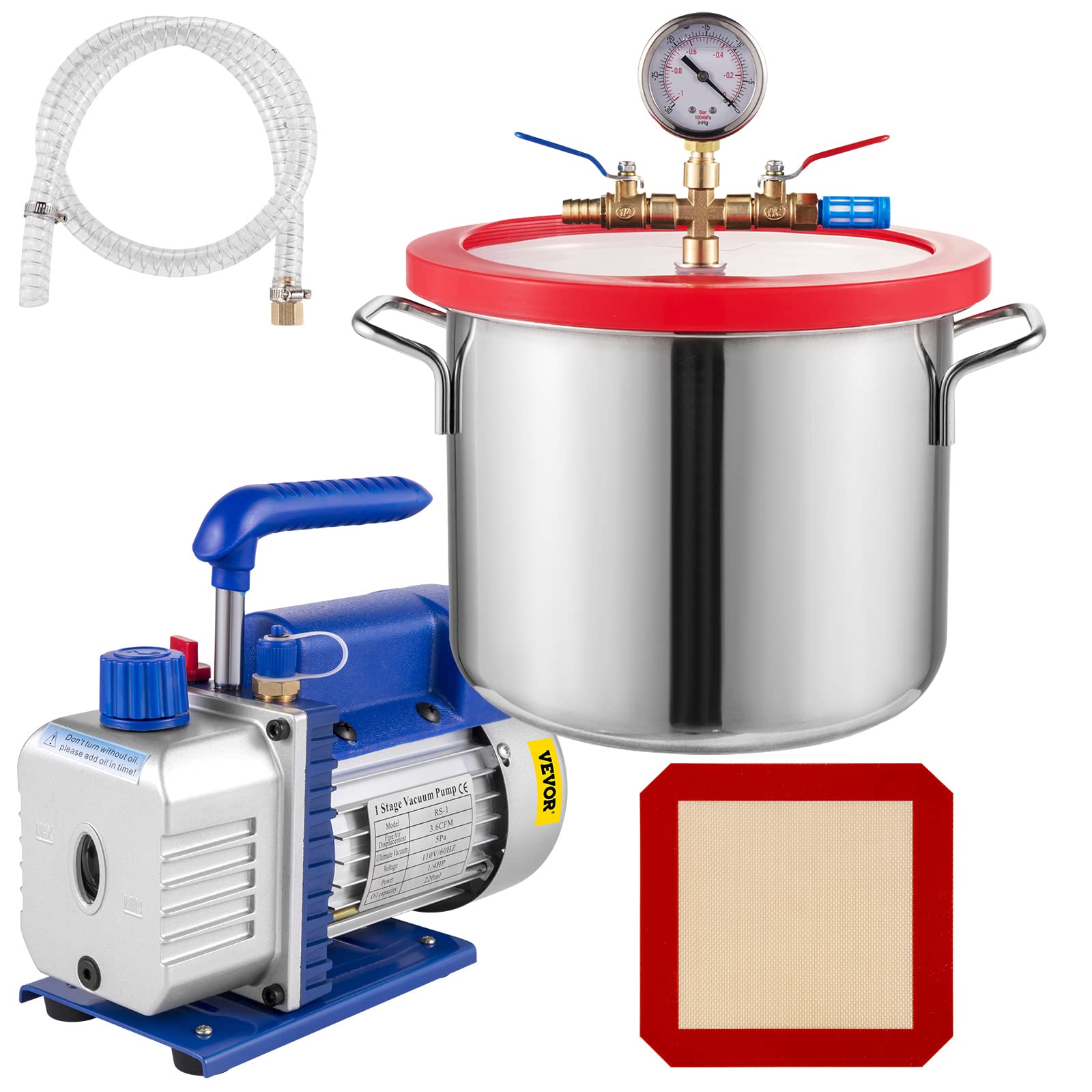 VEVOR 1.5 Gallon Vacuum Chamber Kit with 3.6CFM 1/4HP Pump - Acrylic Lid Resin Degassing System, Copper Wire Motor for Jewelry Making, Epoxy Casting & DIY Projects - Stable & Durable Design