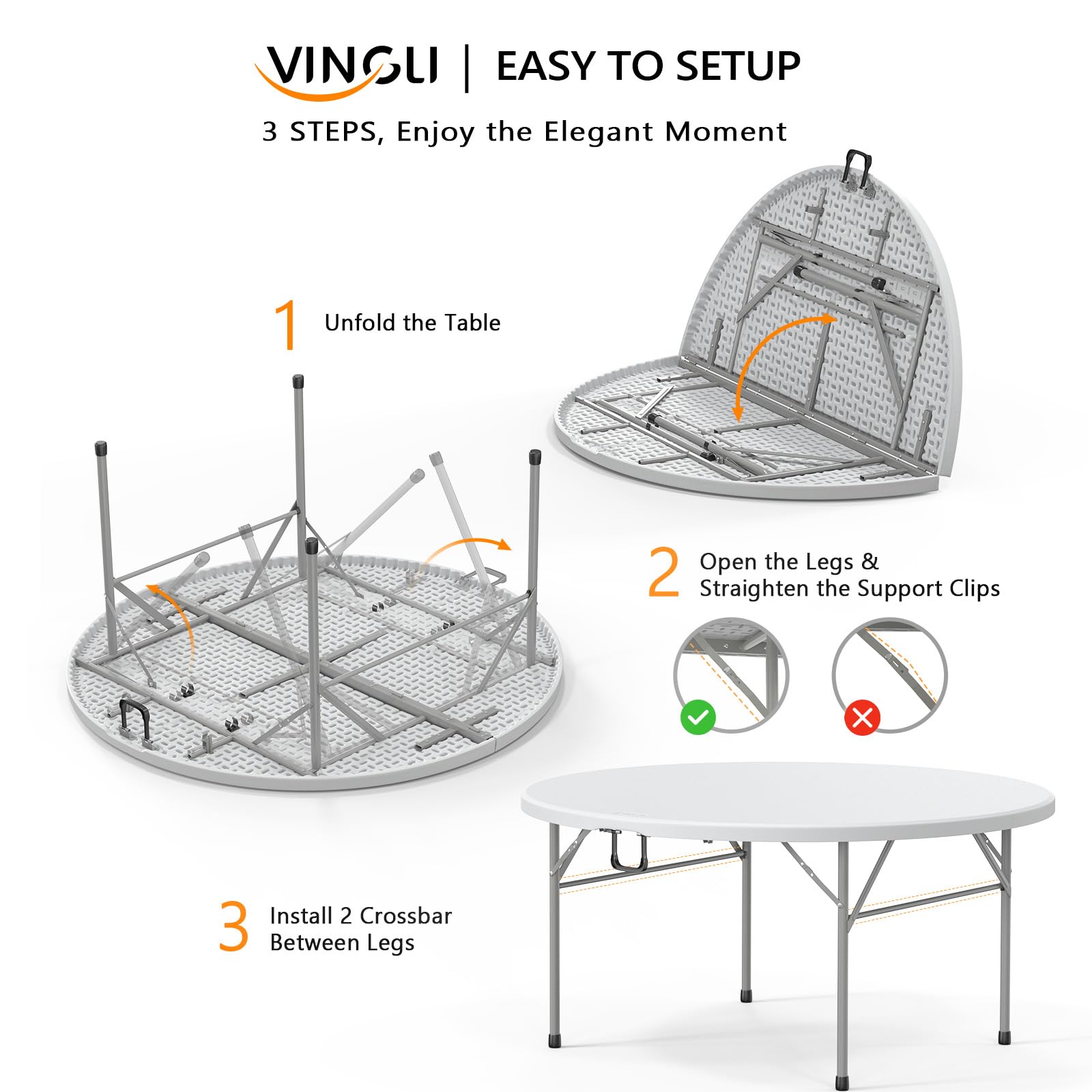 VINGLI 48 Inch Round Bi-Folding Commercial Table - 4 Feet Portable Plastic Folding Dining Card Table for Kitchen, Outdoor, Party, Wedding, Events - 2 Pack - Perfect for Catering, Banquets, Picnics, and Backyard Gatherings