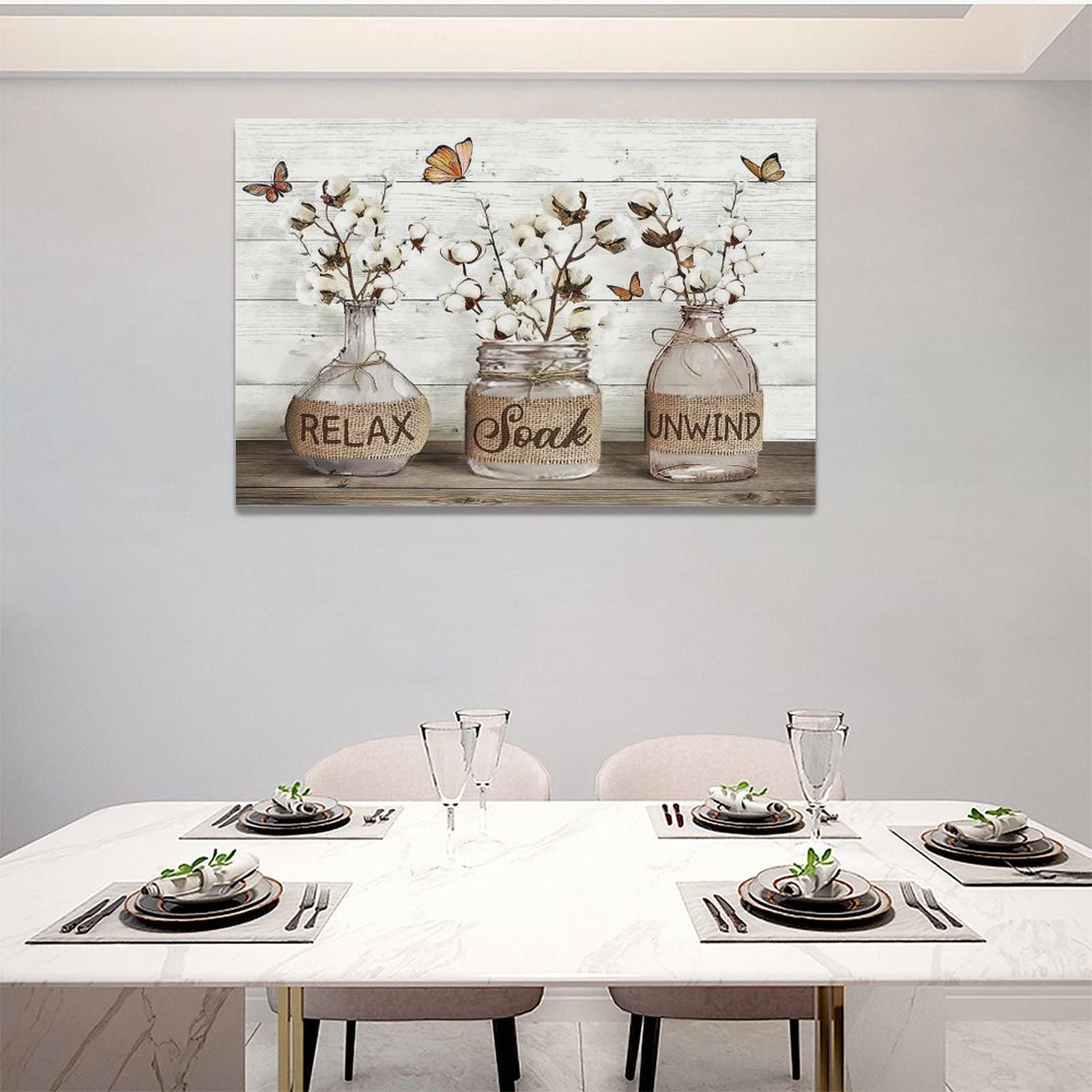 Farmhouse Bathroom Wall Art - Rustic Cotton Canvas Print with Floral Butterfly Painting, Framed Country Decor Sign (16x24 inches) - Perfect for Relaxing Soak & Bathroom Decor