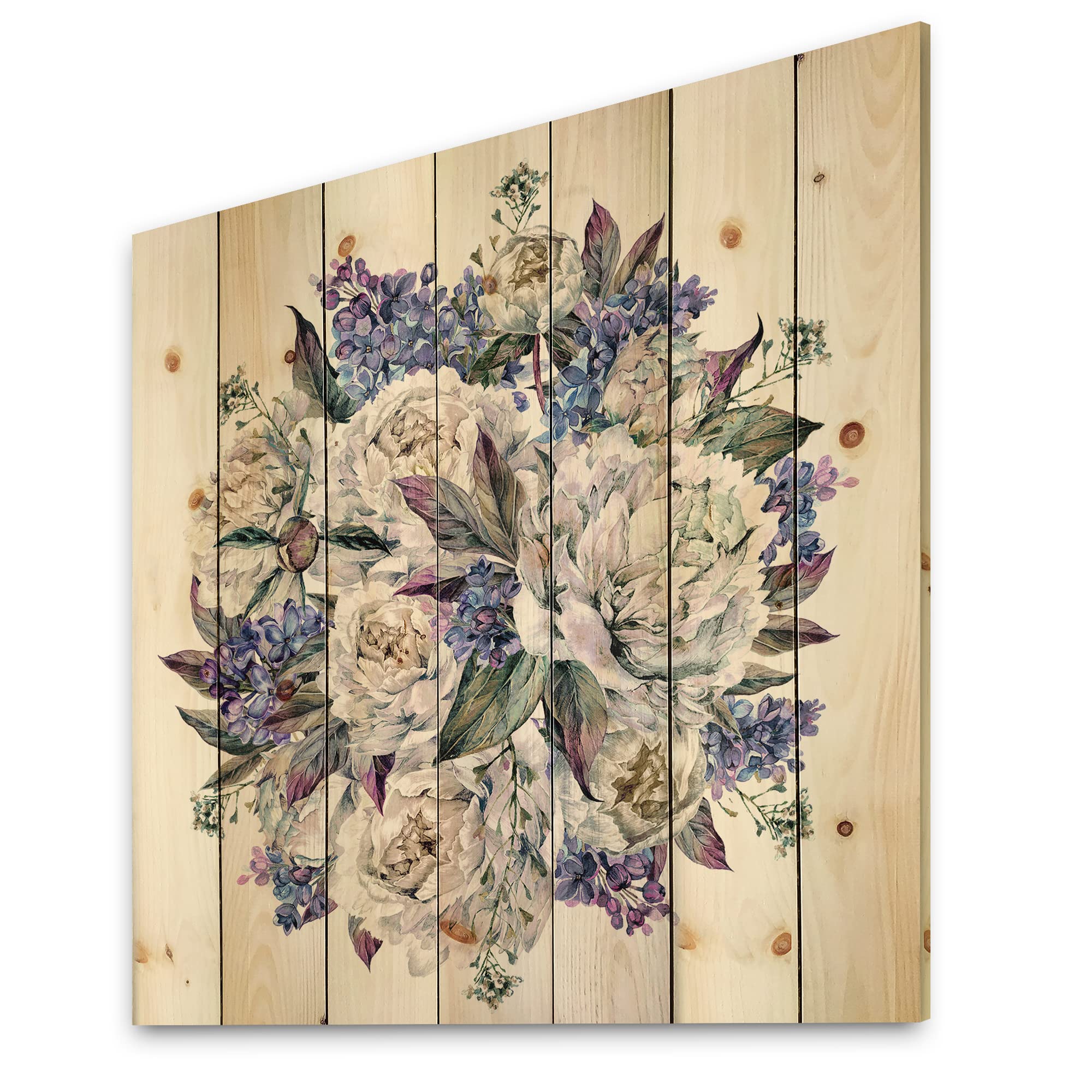 DesignQ White and Blue Peony Bouquet Traditional Wood Wall Decor - Large Floral Pine Wood Art Panel - Perfect for Living Room, Bedroom & Office Decoration