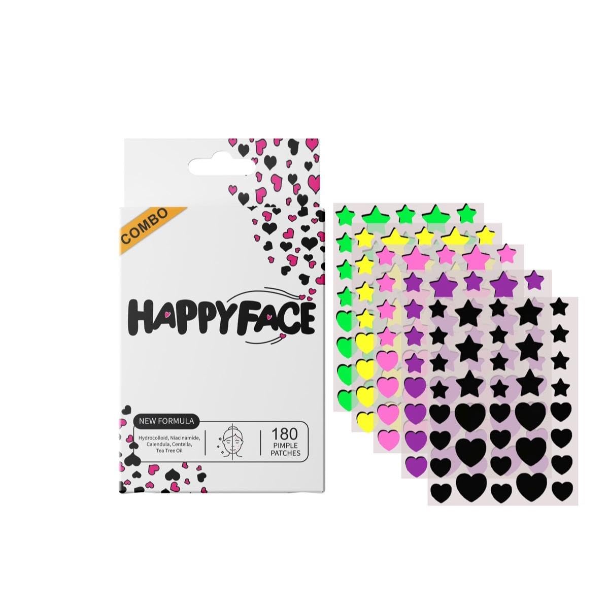 HappyFace 180 Count Hydrocolloid Acne Pimple Patches - Combo Stars & Hearts Blemish Spot Dots (2 Sizes, 5 Sheets) for Face Care & Overnight Treatment - Perfect for Teens, Adults & Sensitive Skin