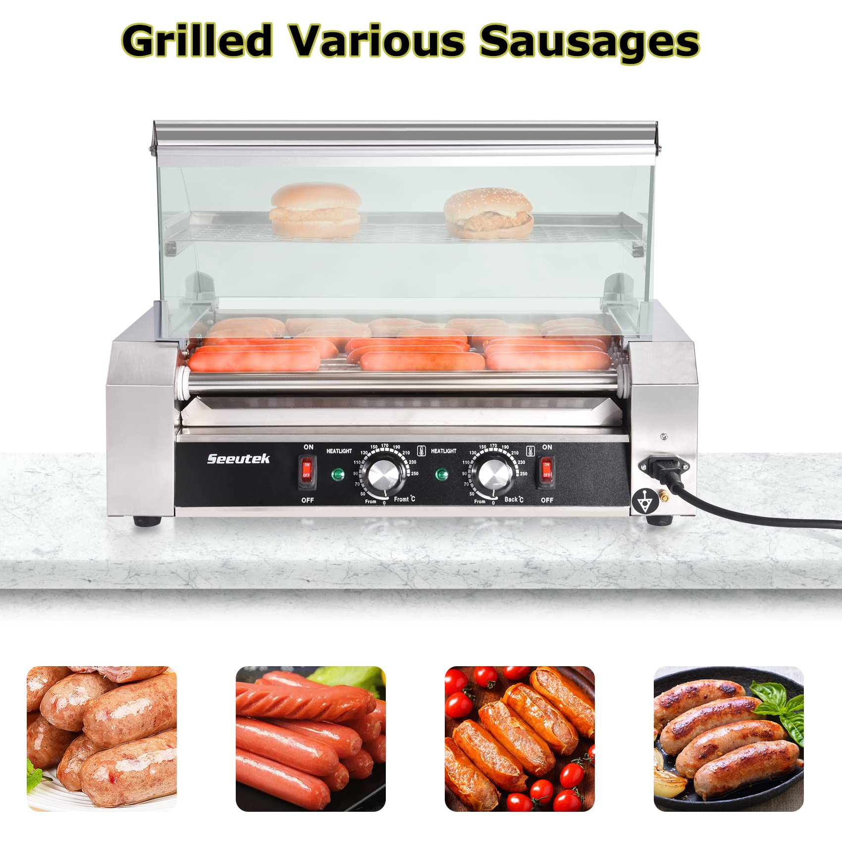 Seeutek 7-Roller Commercial Hot Dog Machine - 24 Hot Dogs Capacity, 1100W Stainless Steel Hot Dog Warmer with LED Light & Dual Temperature Control - Perfect for Restaurants, Carnivals, and Food Trucks - Includes Glass Hood, Acrylic Cover, Removable Drip Tray & Warming Shelf