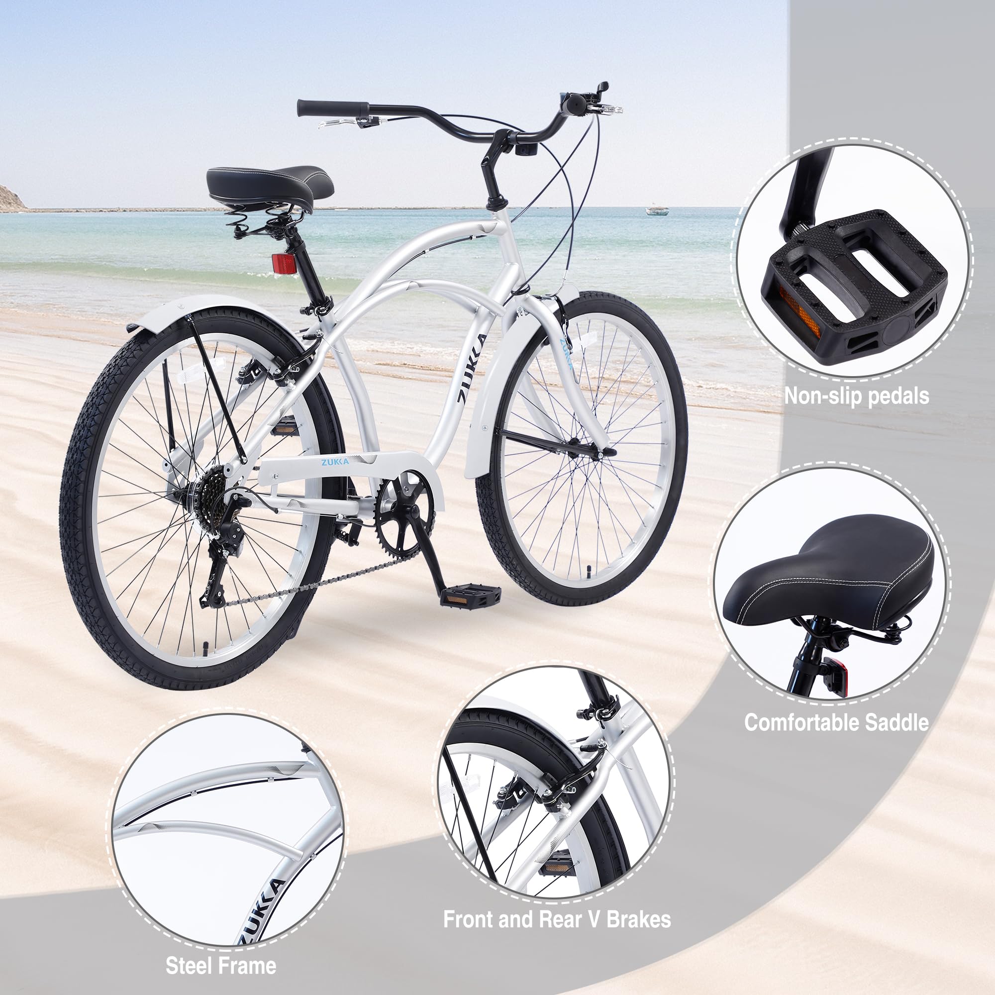 26 Inch Beach Cruiser Bike for Women, Men & Seniors - 7-Speed Hybrid Commuter Bike with Steel Frame - Perfect for City Riding, Beach Cruising & Daily Commutes (7 Color Options)