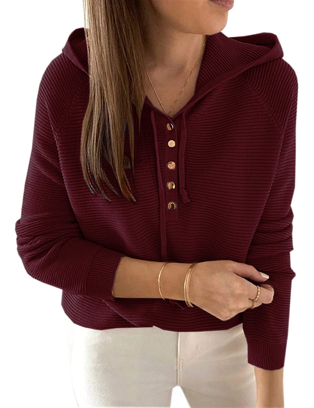 Lrady Women's Casual Pullover Sweater Knit Hoodie Button Sweatshirt - V Neck Henley Shirt Blouse Tunic Top for Fall & Winter | Cozy Lounge Wear, Office Outfit, Weekend Casual