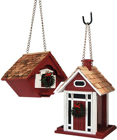 Home Bazaar Holiday Bird House and Feeder Kit - Red Wooden Birdhouse with Perch & Feeding Tray for Outdoor Garden Decor, Backyard Wildlife Habitat, Christmas Gift Idea