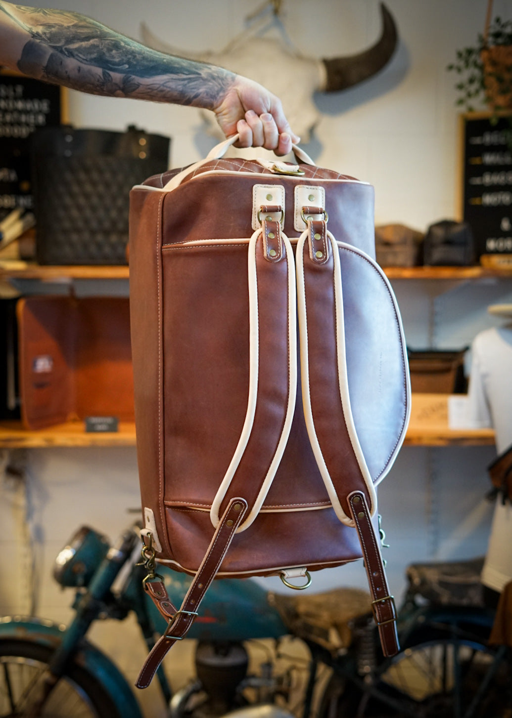Duffleback Warrior Backpack - Two Tone Leather (Oro Logger Brown & Natural Veg Tan) for Outdoor Adventures, Travel & Hiking Gear