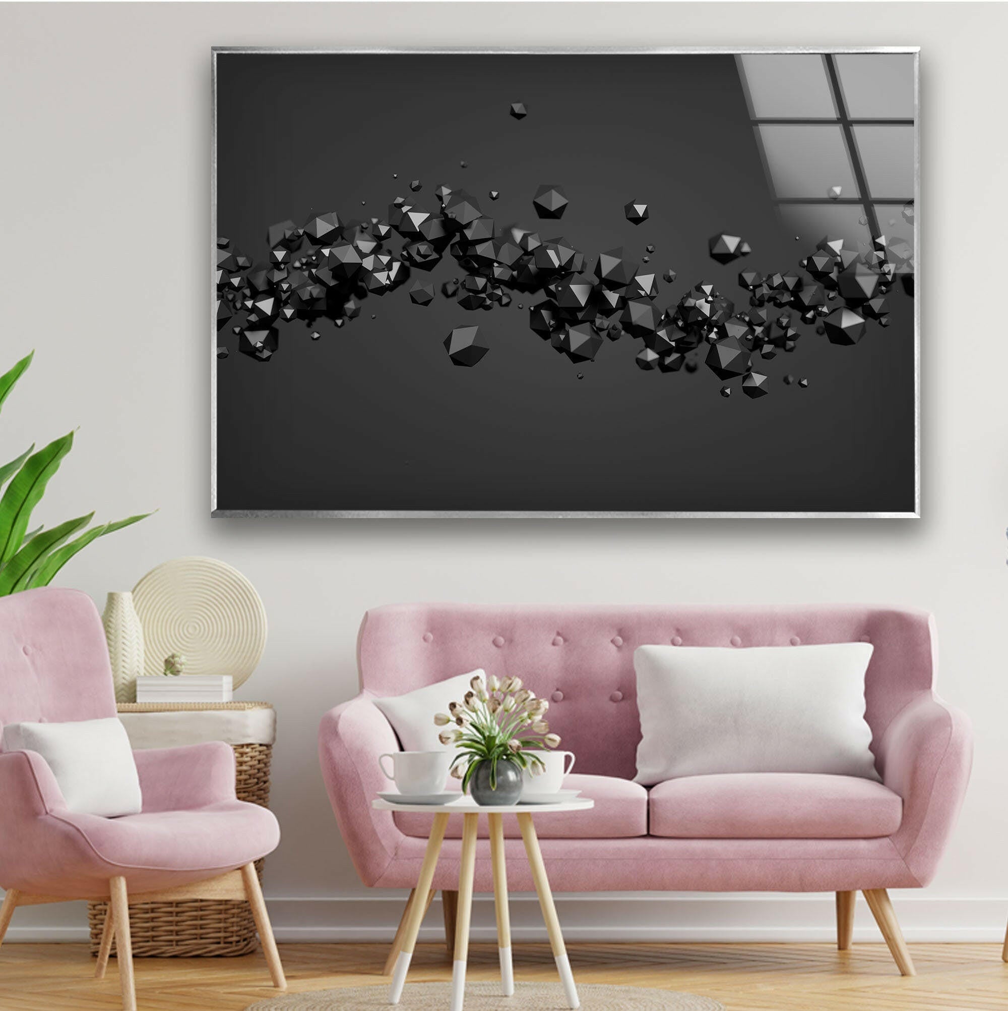 3D Abstract Diamond Glass Wall Art - Black Modern Home Decor for Living Room, Bedroom & Office