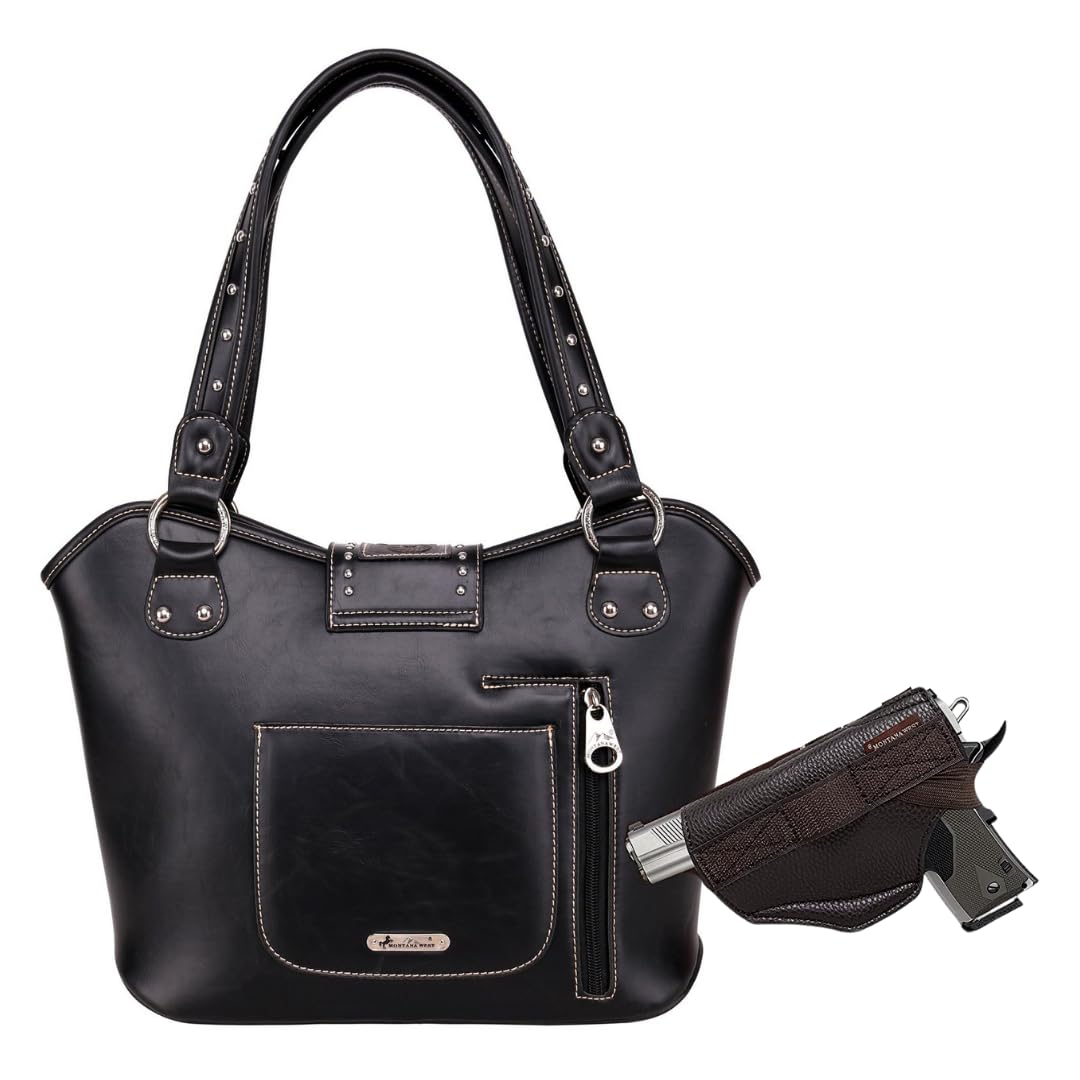 Montana West Concealed Carry Tooled Leather Shoulder Purse - Gun Concealment Bag with Matching Wallet for Women & Men (Black) | Perfect for Everyday Carry, Travel, and Outdoor Activities