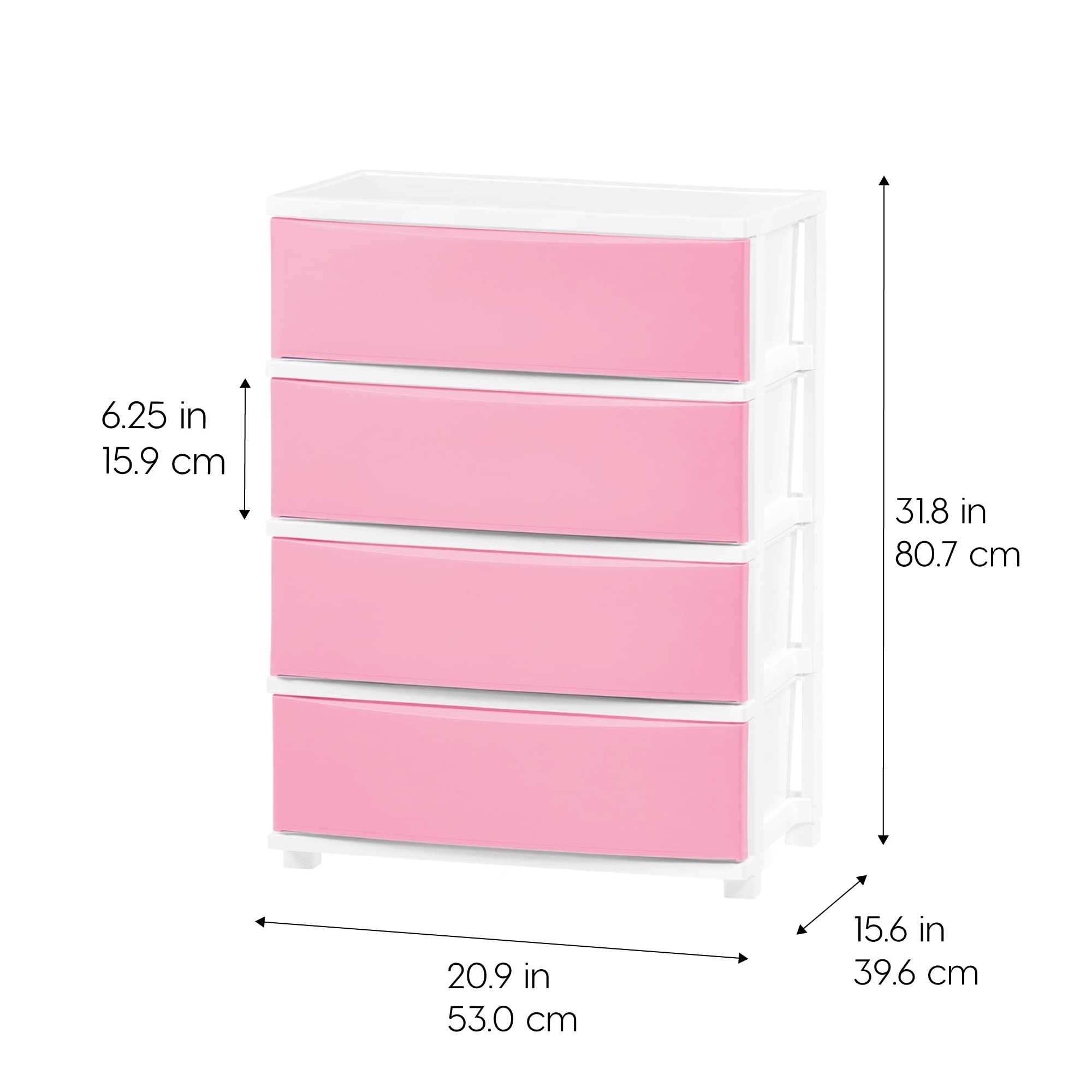 IRIS USA 4-Drawer Plastic Storage Organizer - White Frame with Matte Pink Front Panels for Classroom, Bathroom, Dorm, Bedroom & Laundry Room - Perfect for Art Supplies, Clothes & Home Organization
