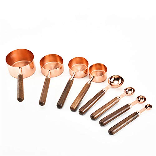 Premium Stainless Steel Measuring Cups and Spoons Set with Walnut Handle - 8-Piece Baking Essentials (4 Cups + 4 Spoons) in Elegant Rose Gold - Perfect for Home Baking, Cooking, and Gift Giving