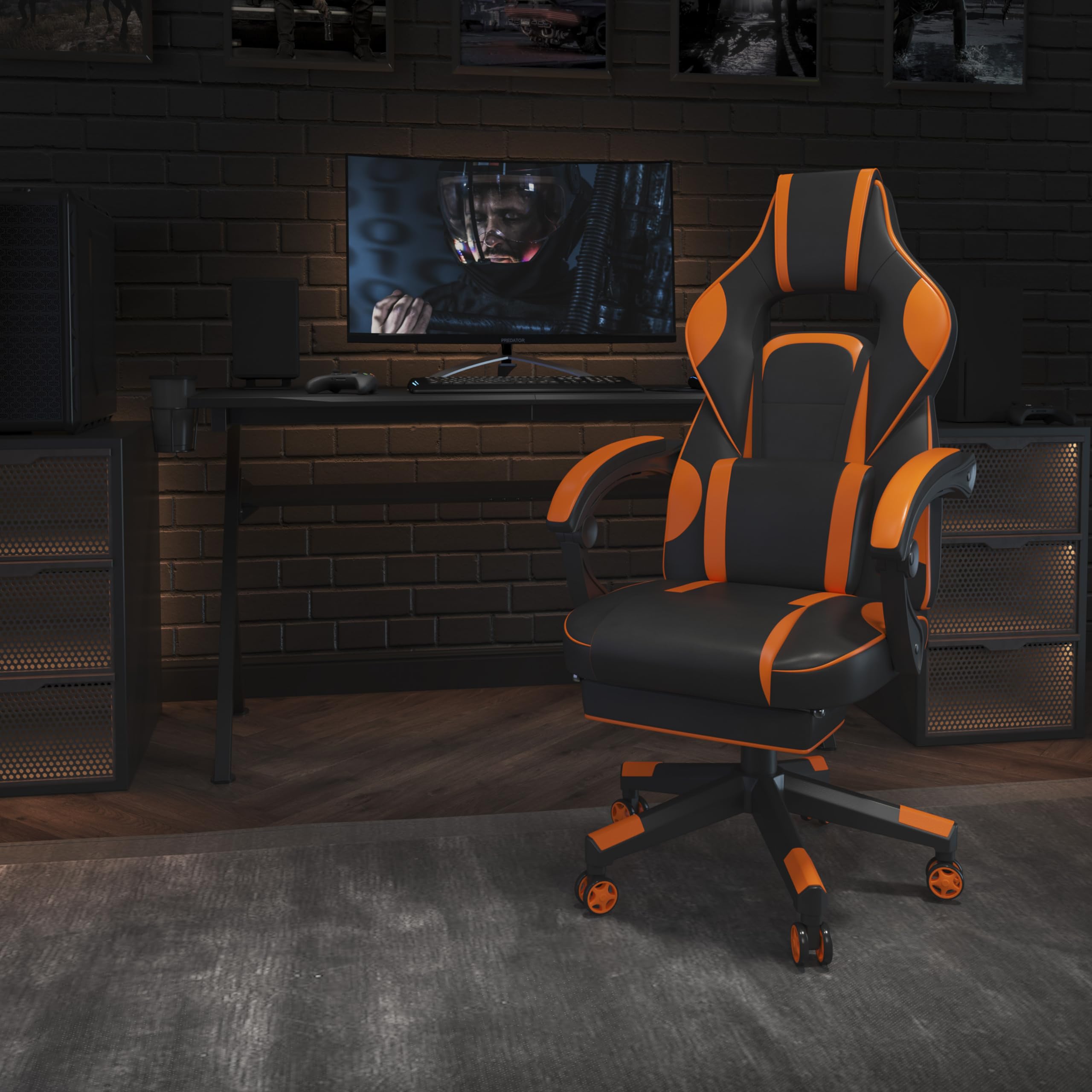 Flash Furniture X40 Ergonomic Gaming Chair - Racing Style Computer Chair with Reclining Back, Adjustable Arms, Slide-Out Footrest & Lumbar Support - Black/Orange - Perfect for PC Gaming, Office Work & Home Entertainment