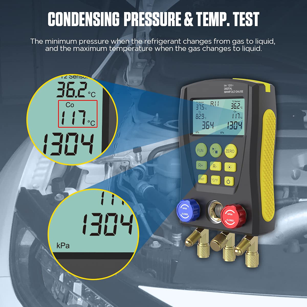 PLAYOCCAR Digital HVAC Manifold Gauge Kit - Professional Refrigeration Vacuum Pressure Temperature Leak Tester Set for AC, Refrigerator & Cooling Systems Maintenance - Includes Test Clip & Pipe - Ideal for HVAC Technicians & DIY Home Repairs