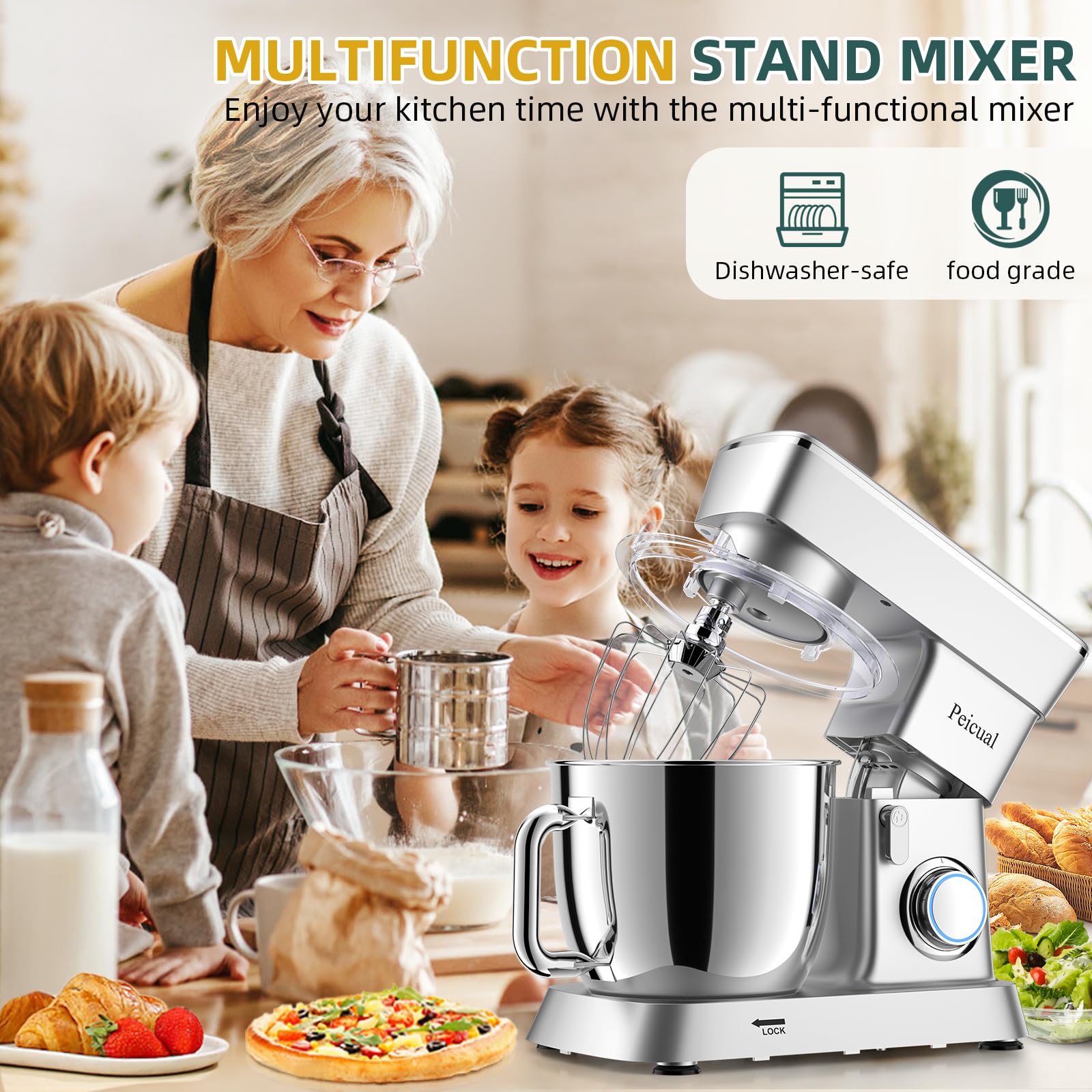 6QT 10-Speed Tilt-Head Stand Mixer - Powerful Kitchen Electric Mixer with Stainless Steel Bowl, Dough Hook, Flat Beater & Wire Whisk - Perfect for Baking Cakes, Cookies, Bread & More - Silver