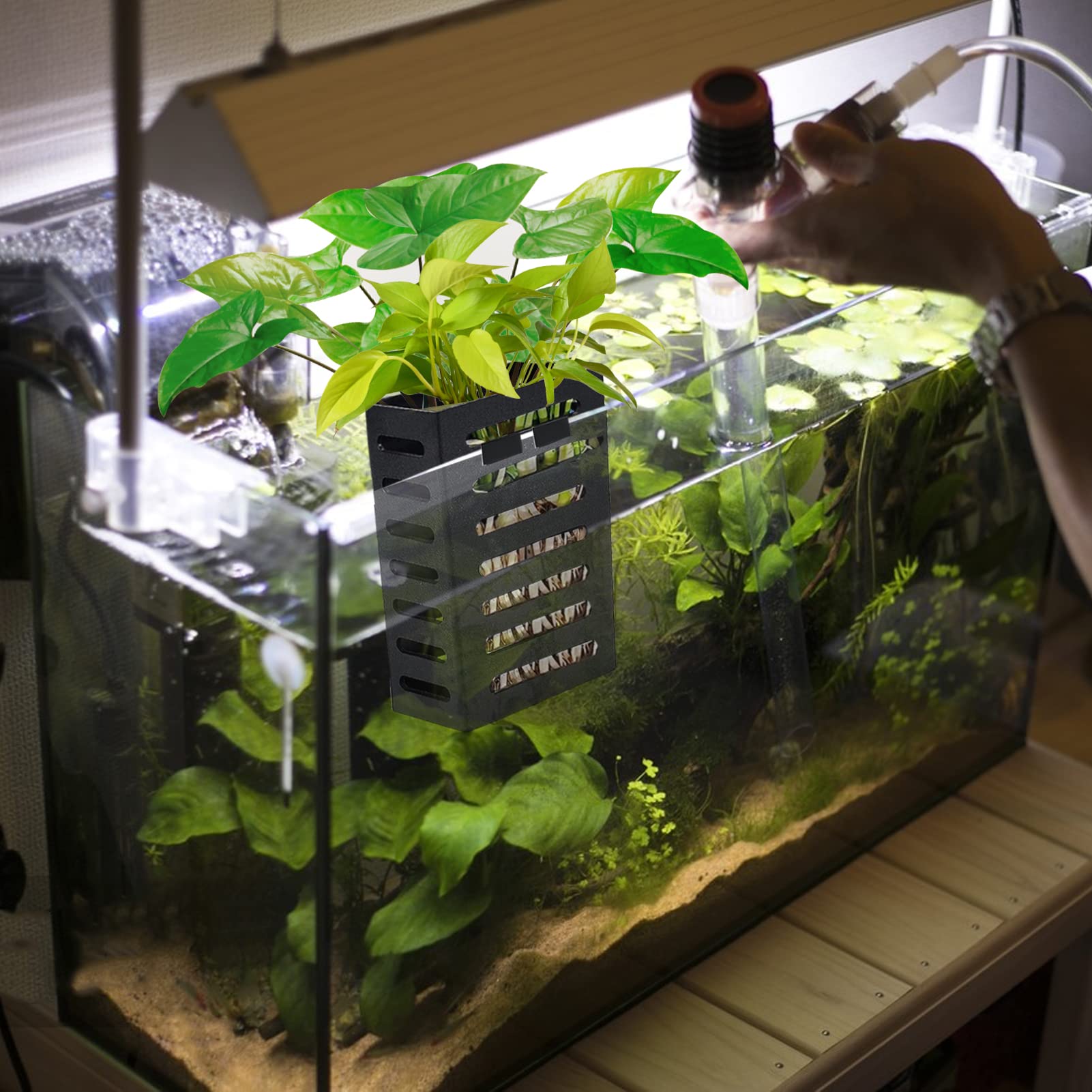 4 Pack Aquarium Plant Holder - Hanging Aquatic Plant Cup with 3 Size Hooks, Plastic Fish Tank Decorations for Live Potted Plants - Perfect for Betta Tanks, Aquascaping & Freshwater Aquariums
